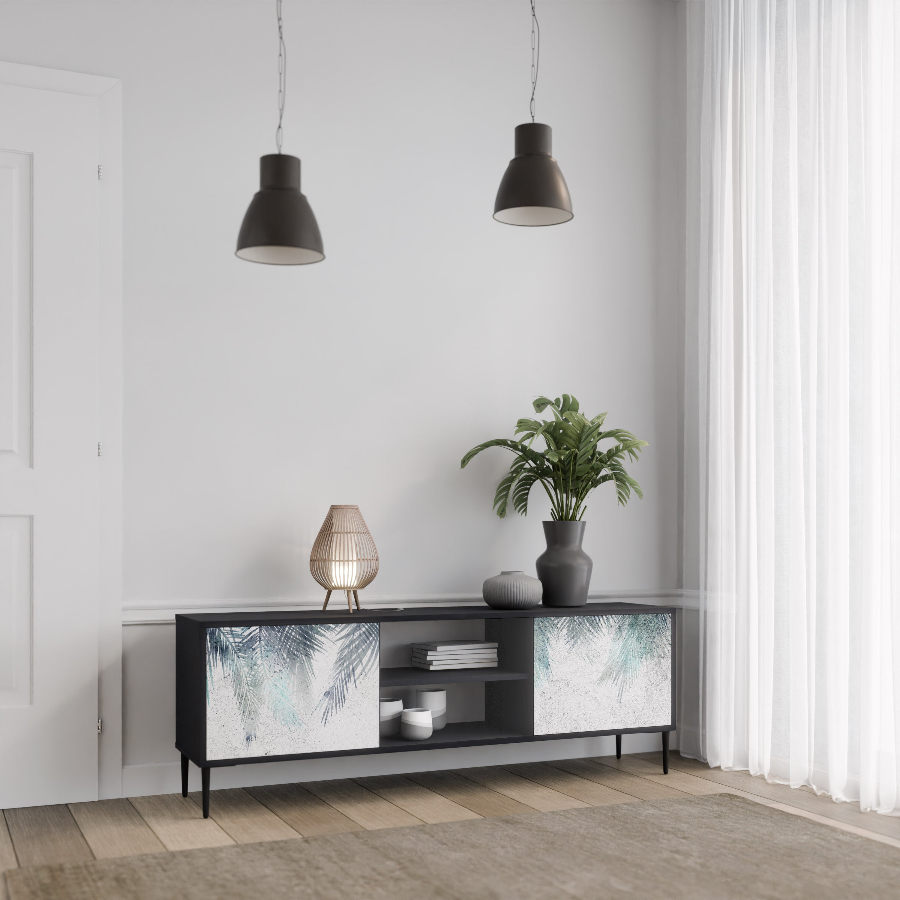 Mueble de TV de 2 puertas PALM VEIL con acabado negro