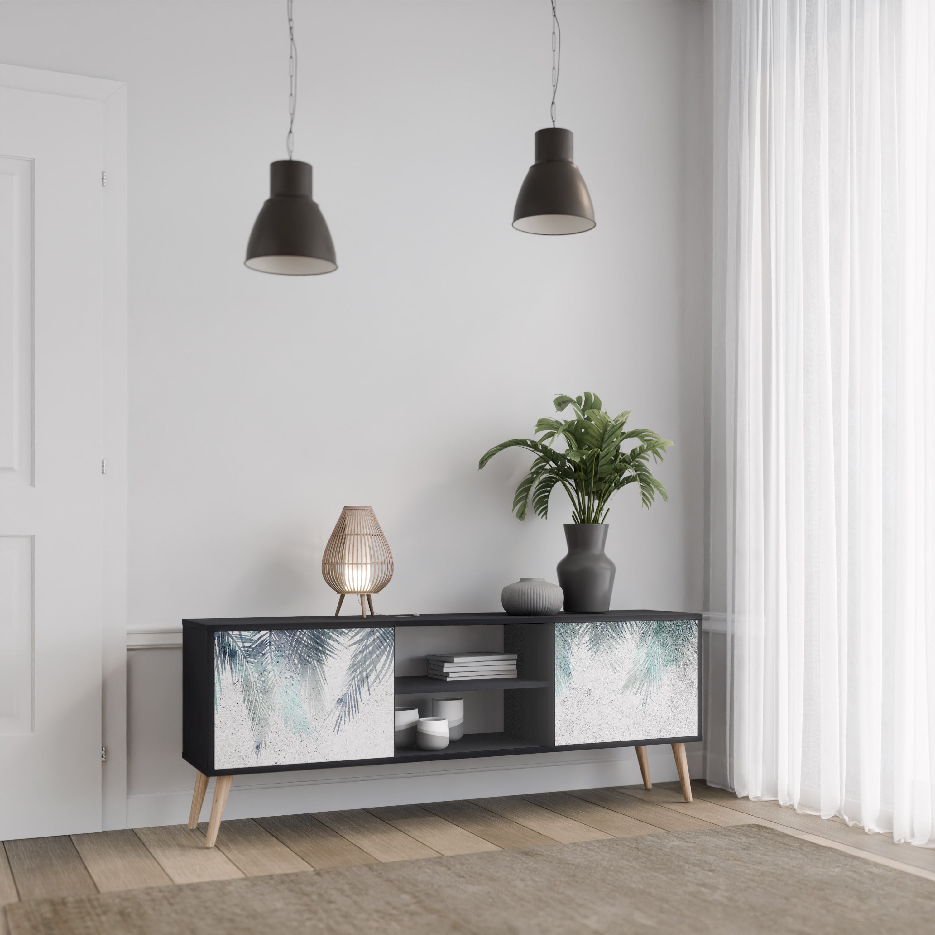 Mueble de TV de 2 puertas PALM VEIL con acabado negro