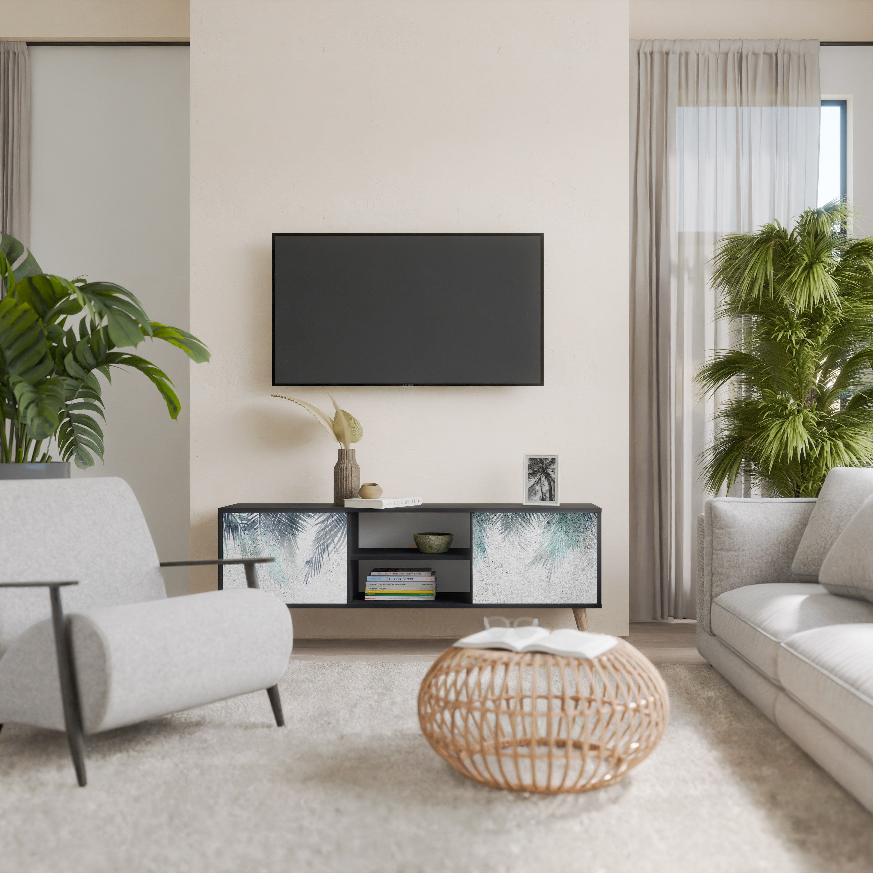 Mueble de TV de 2 puertas PALM VEIL con acabado negro