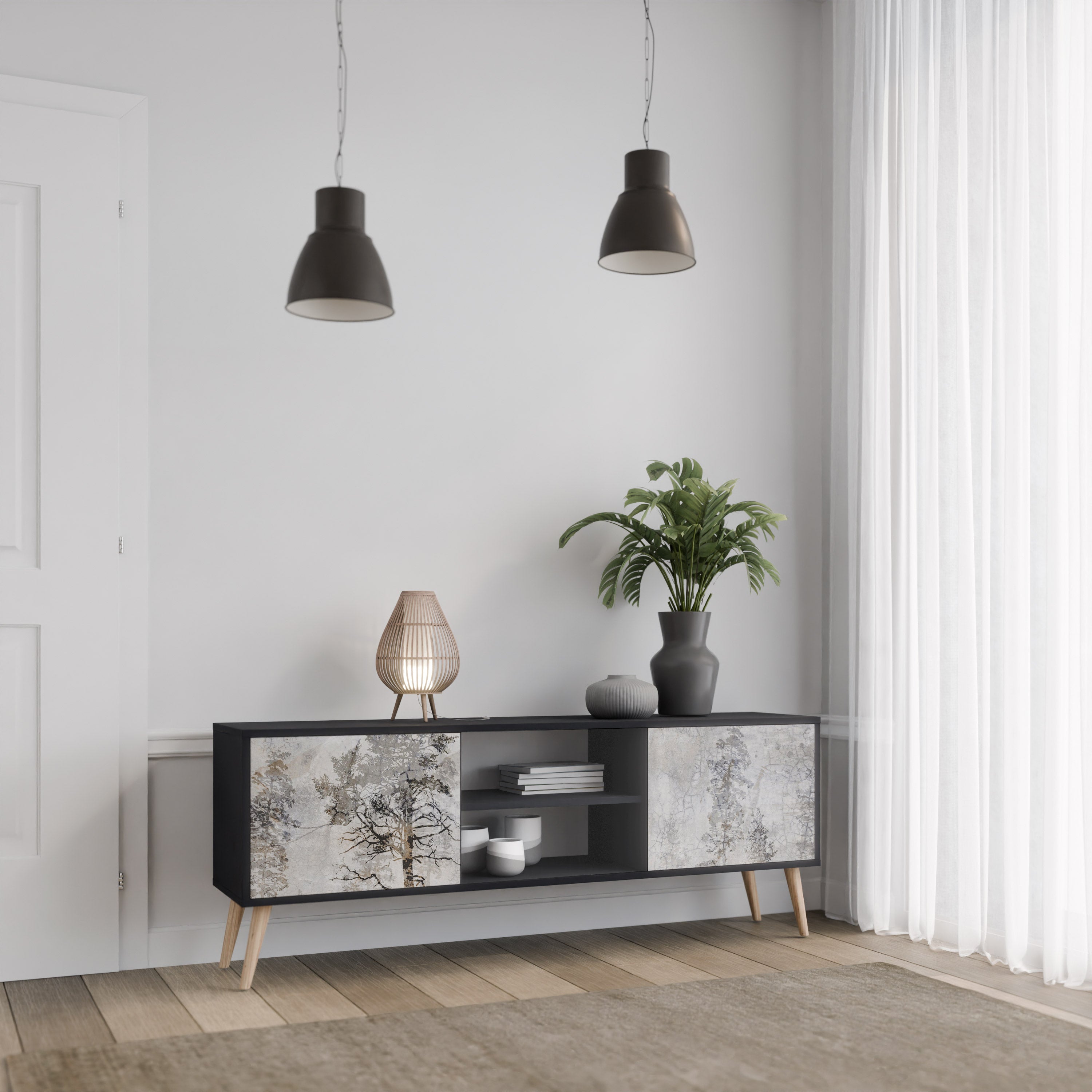 Mueble de TV de 2 puertas FADE IN THE TREES con acabado negro