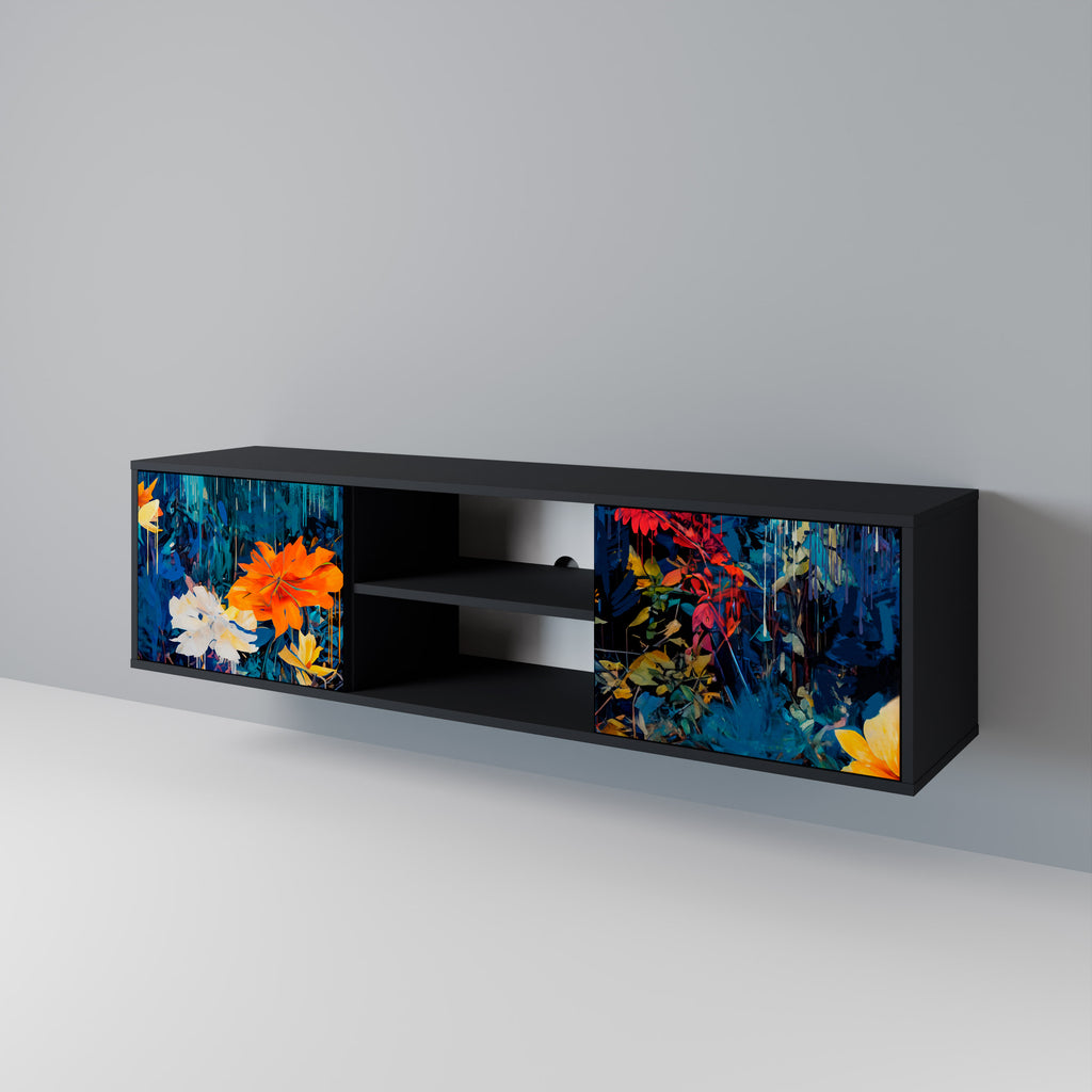 Mueble de TV de 2 puertas MIDNIGHT BLOSSOM con acabado negro