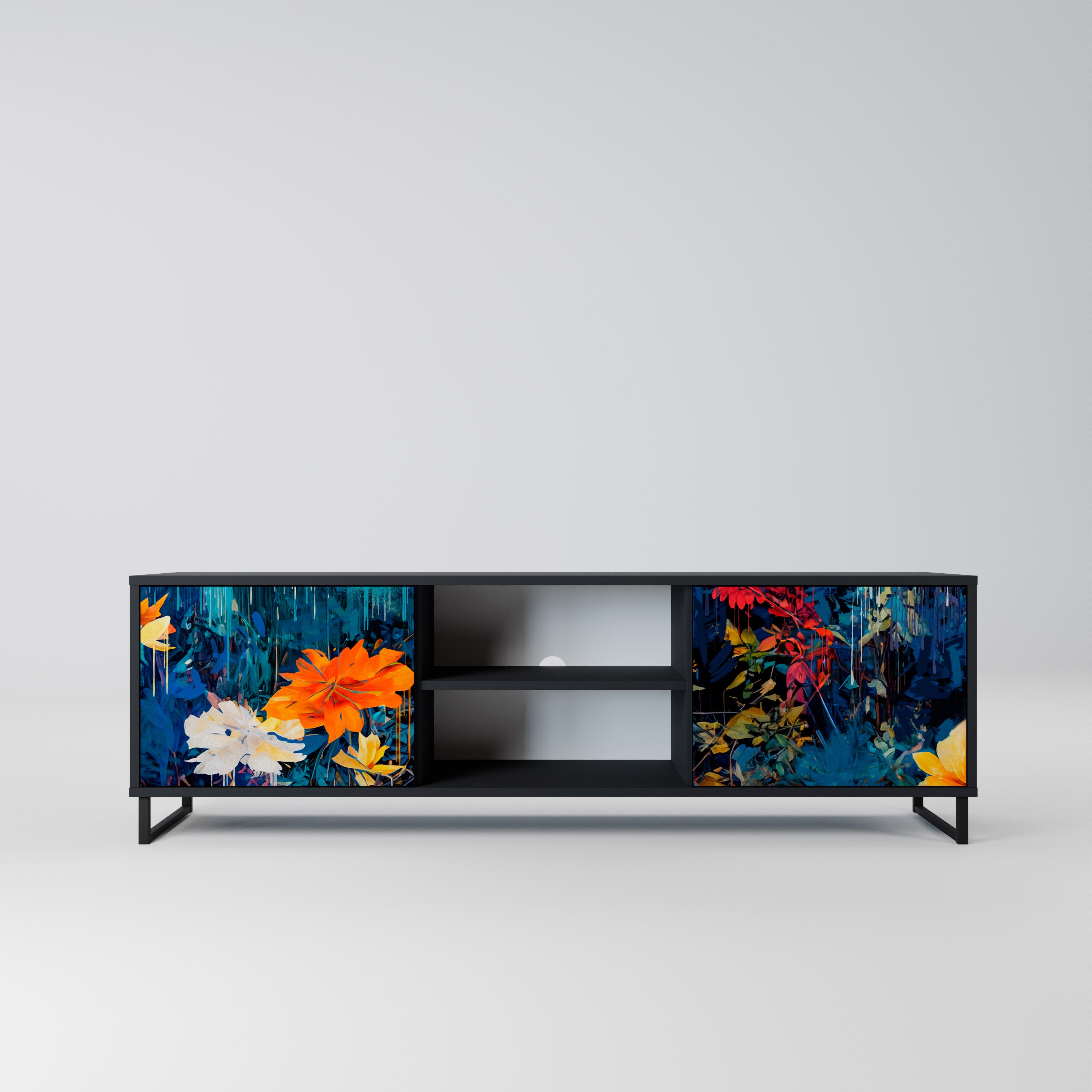Mueble de TV de 2 puertas MIDNIGHT BLOSSOM con acabado negro