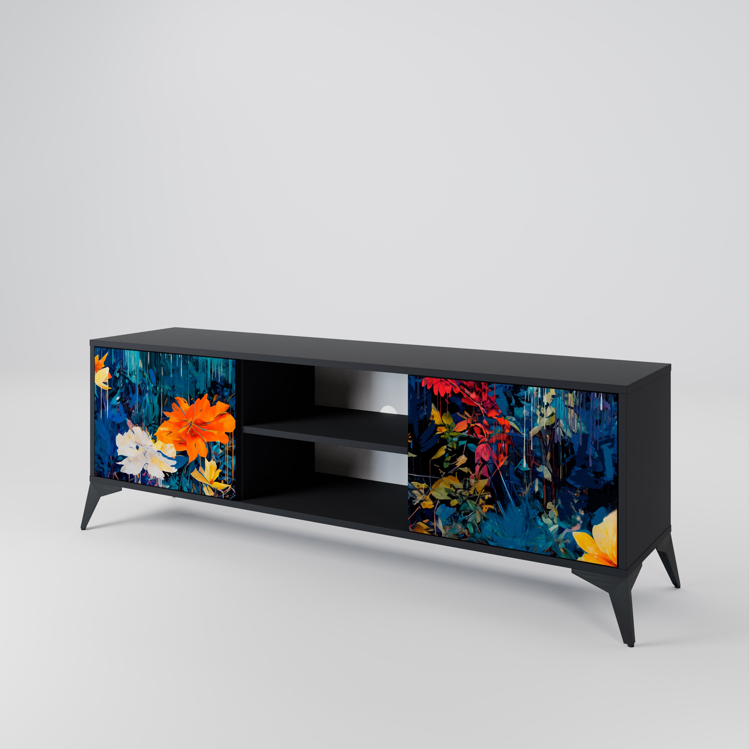 Mueble de TV de 2 puertas MIDNIGHT BLOSSOM con acabado negro