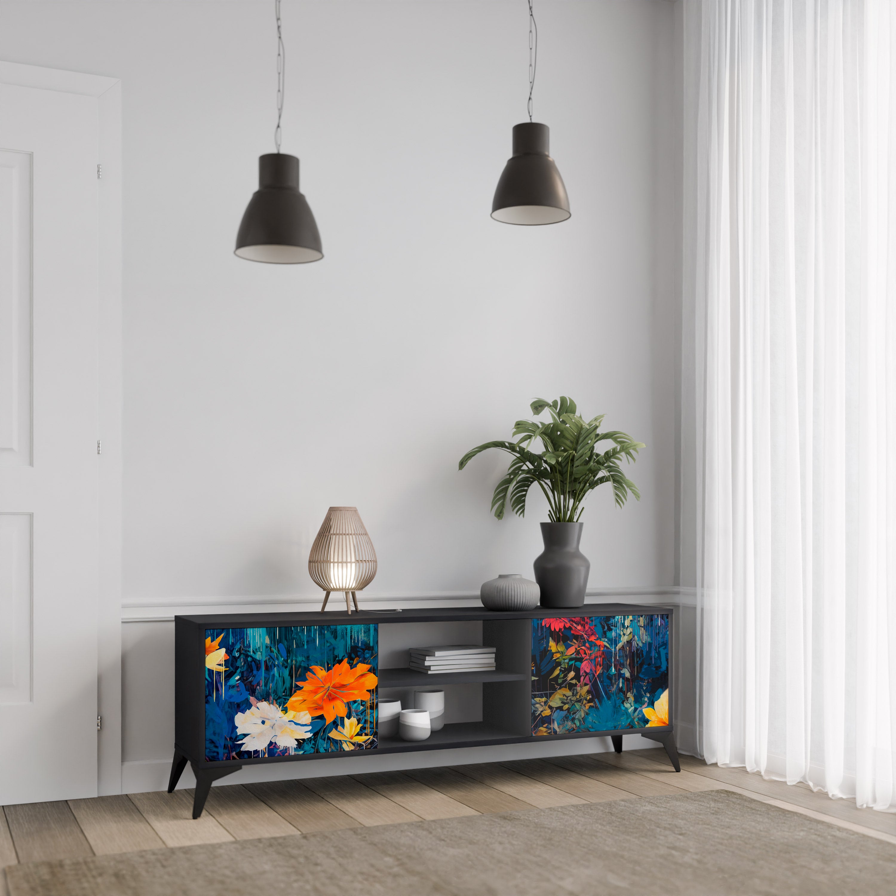 Mueble de TV de 2 puertas MIDNIGHT BLOSSOM con acabado negro