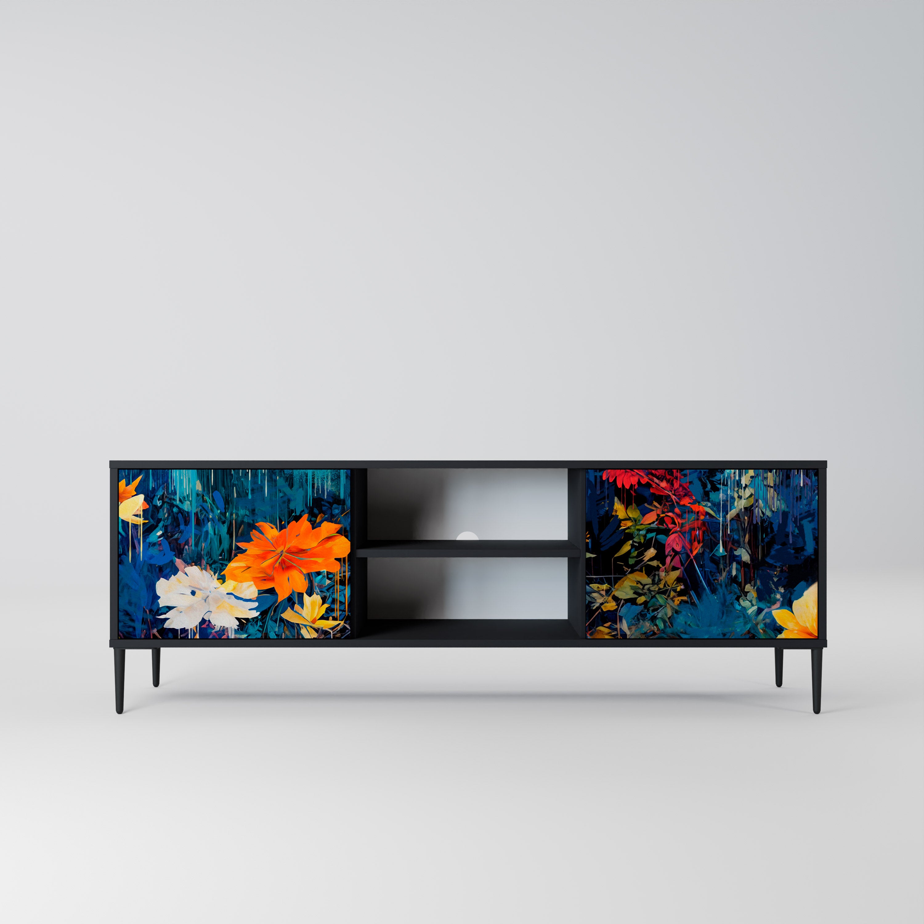 Mueble de TV de 2 puertas MIDNIGHT BLOSSOM con acabado negro