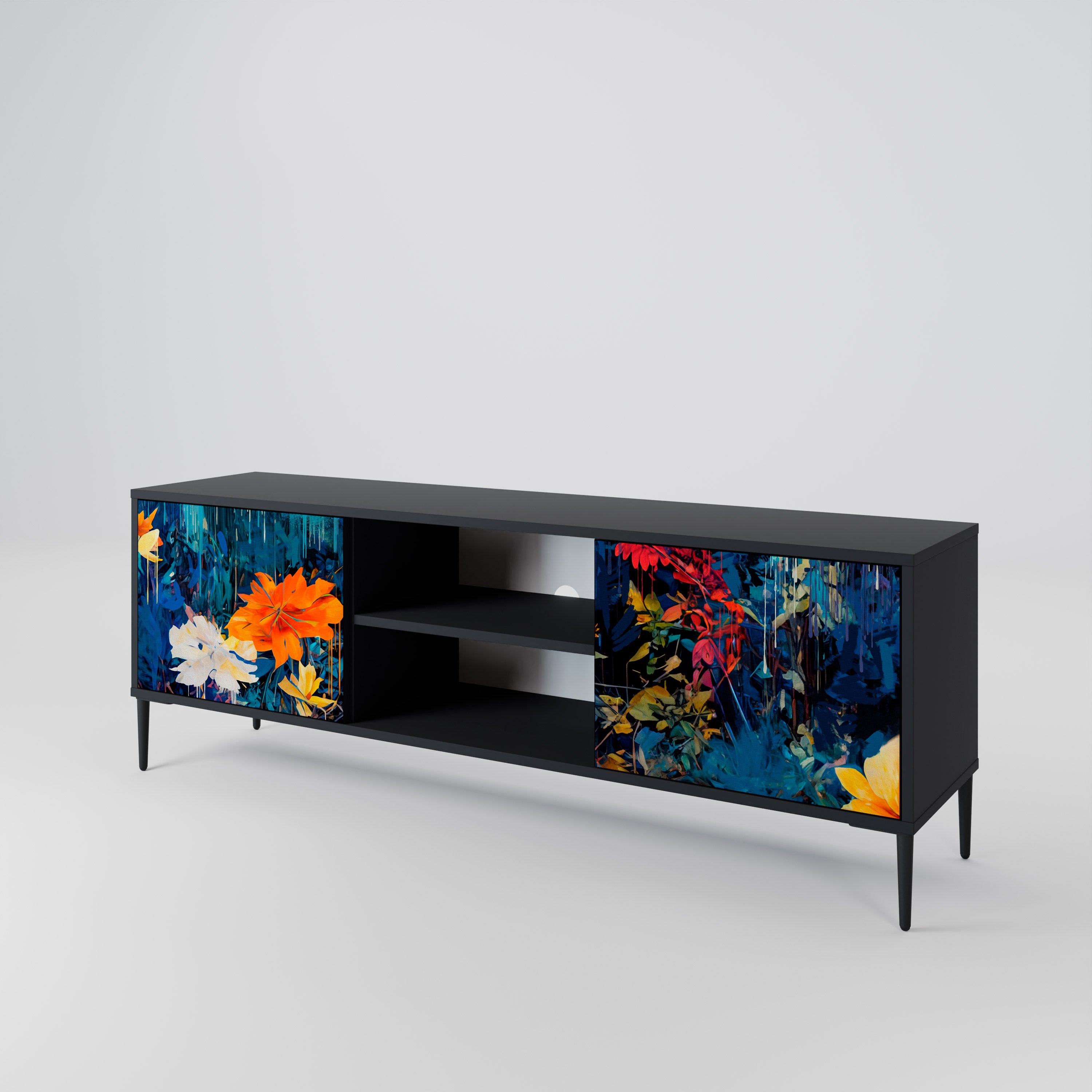 Mueble de TV de 2 puertas MIDNIGHT BLOSSOM con acabado negro
