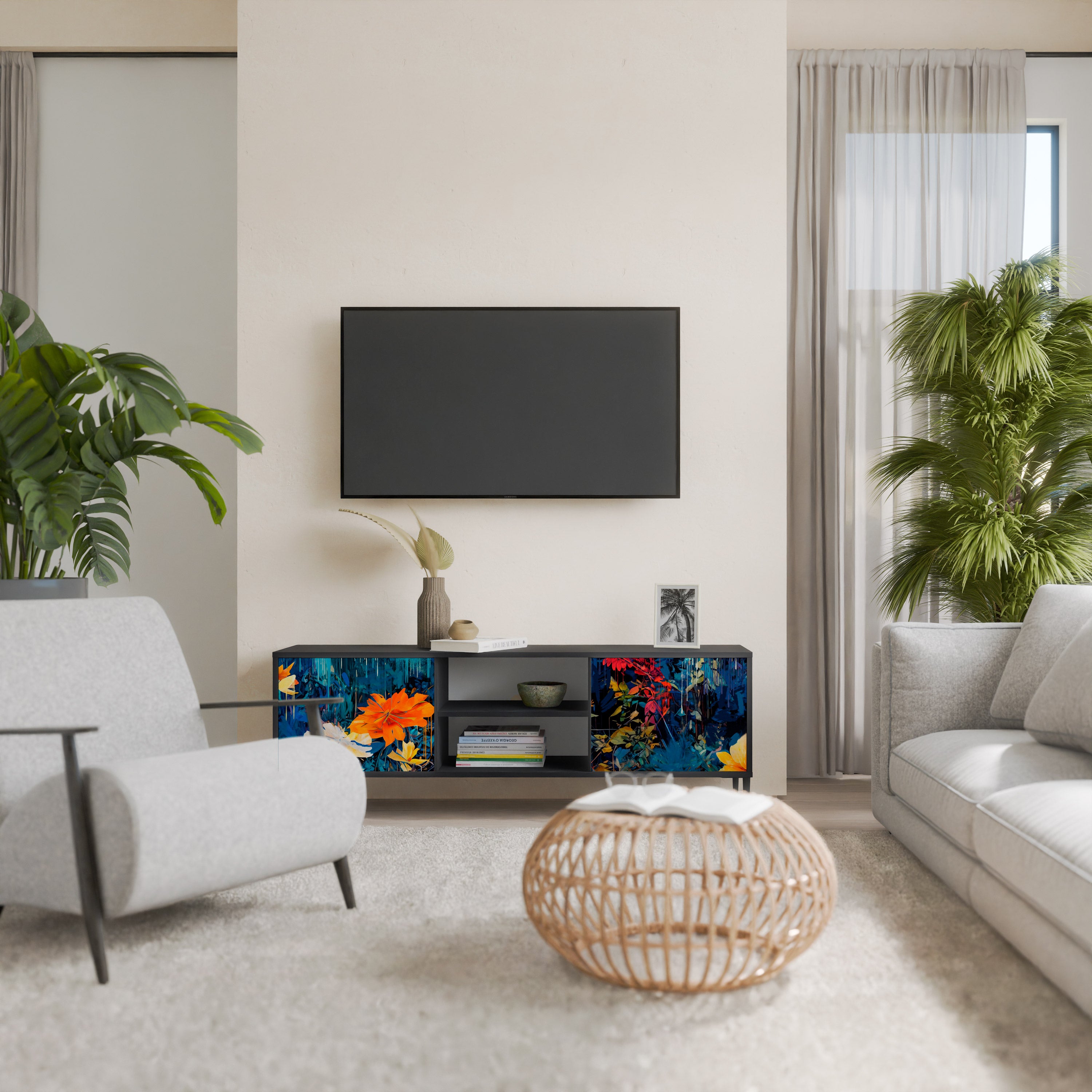 Mueble de TV de 2 puertas MIDNIGHT BLOSSOM con acabado negro