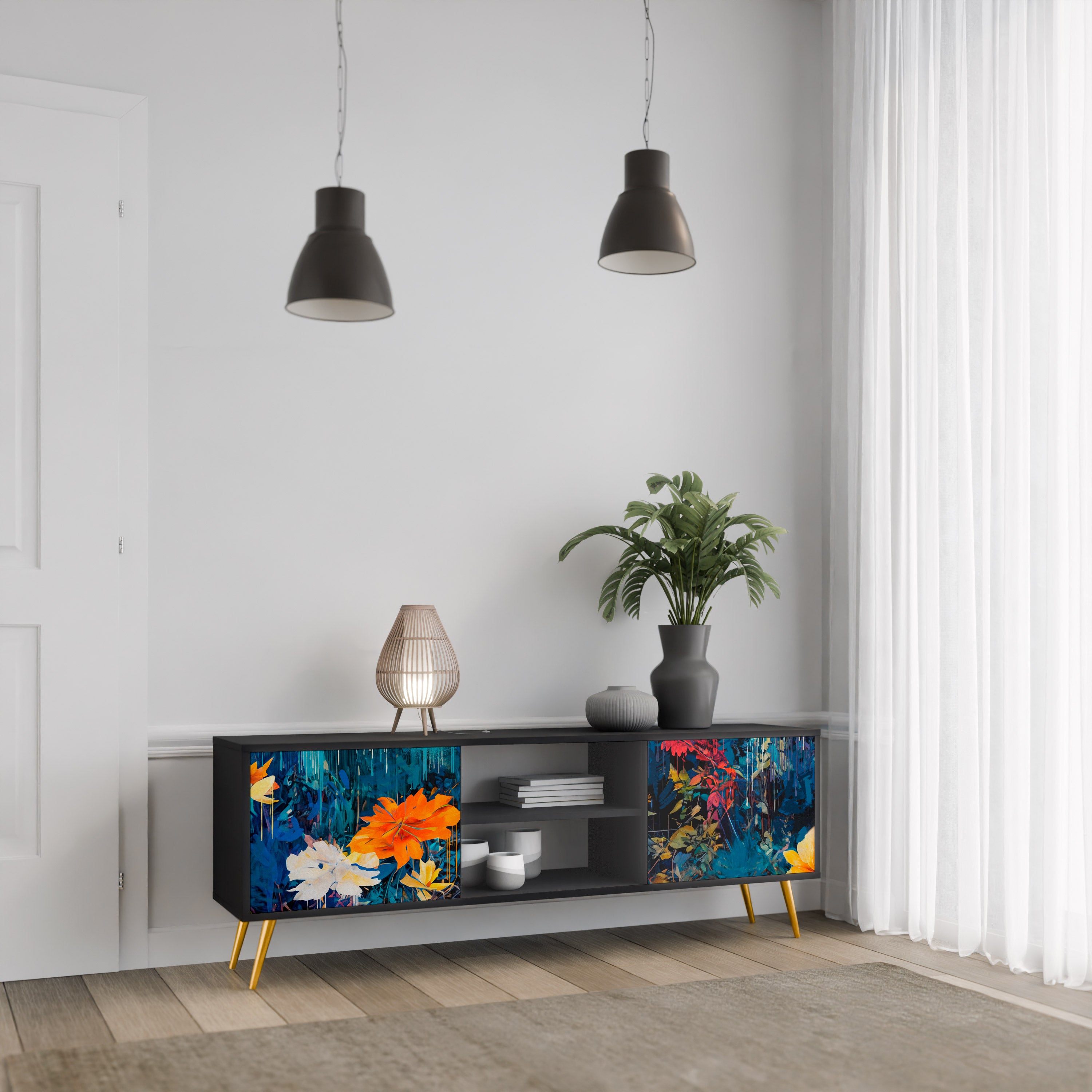Mueble de TV de 2 puertas MIDNIGHT BLOSSOM con acabado negro