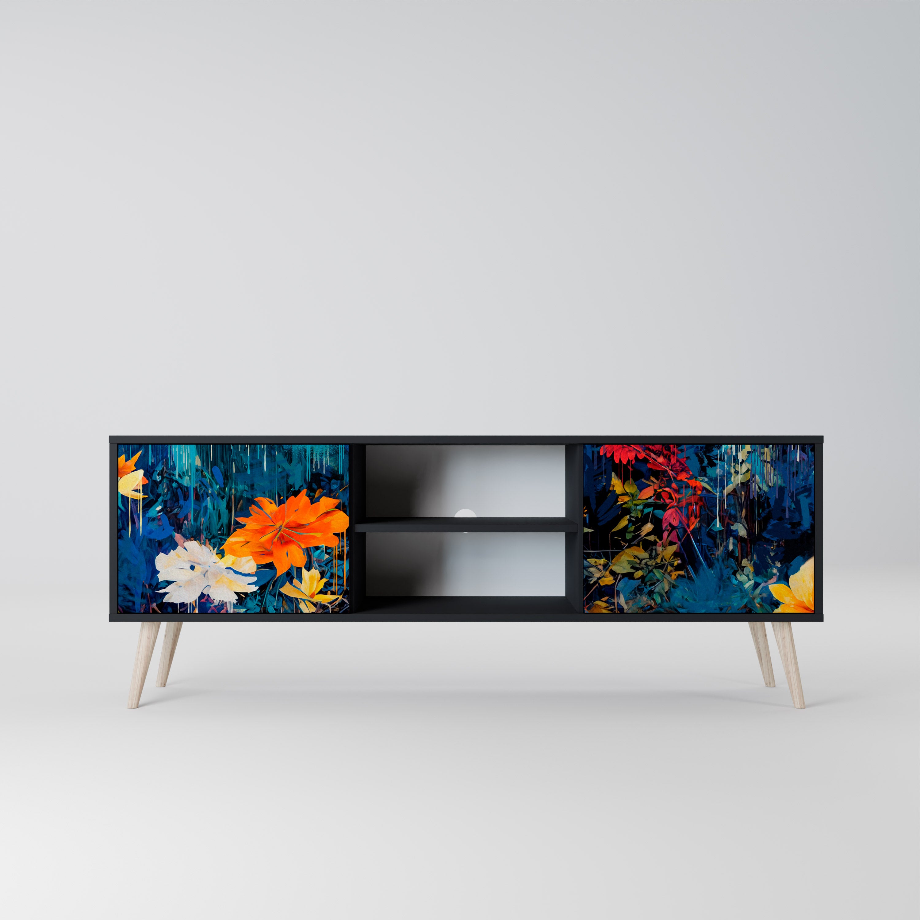 Mueble de TV de 2 puertas MIDNIGHT BLOSSOM con acabado negro