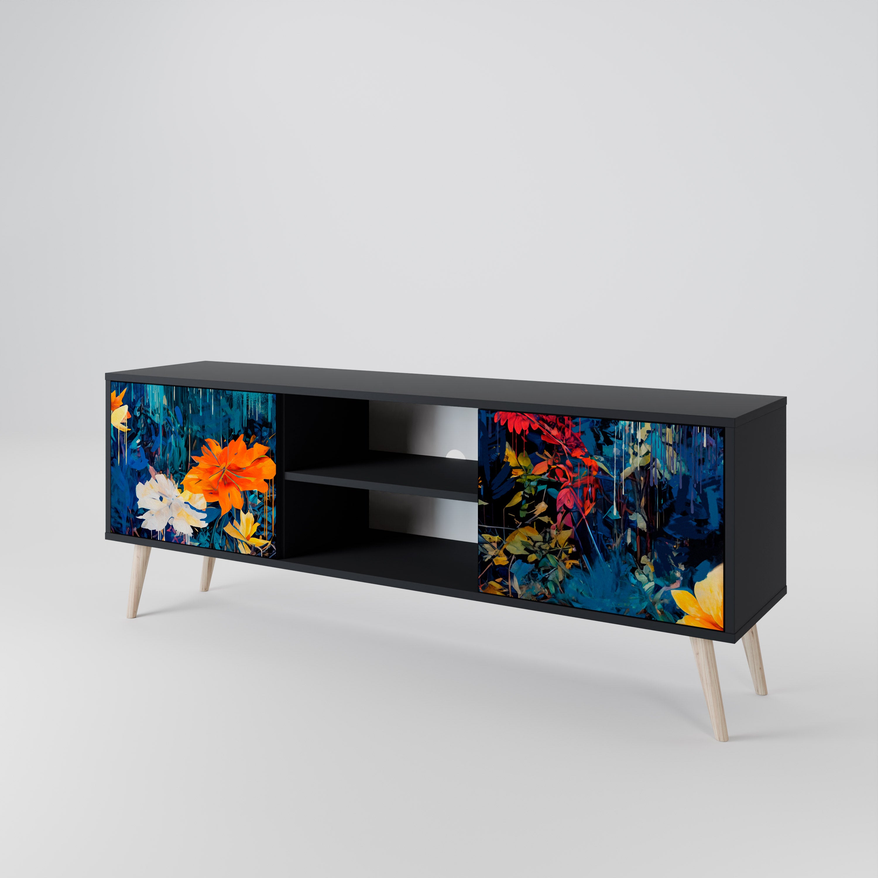 Mueble de TV de 2 puertas MIDNIGHT BLOSSOM con acabado negro