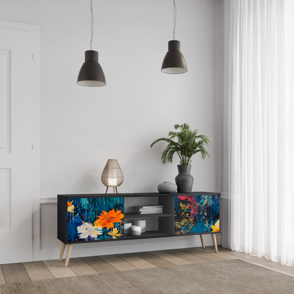 Mueble de TV de 2 puertas MIDNIGHT BLOSSOM con acabado negro