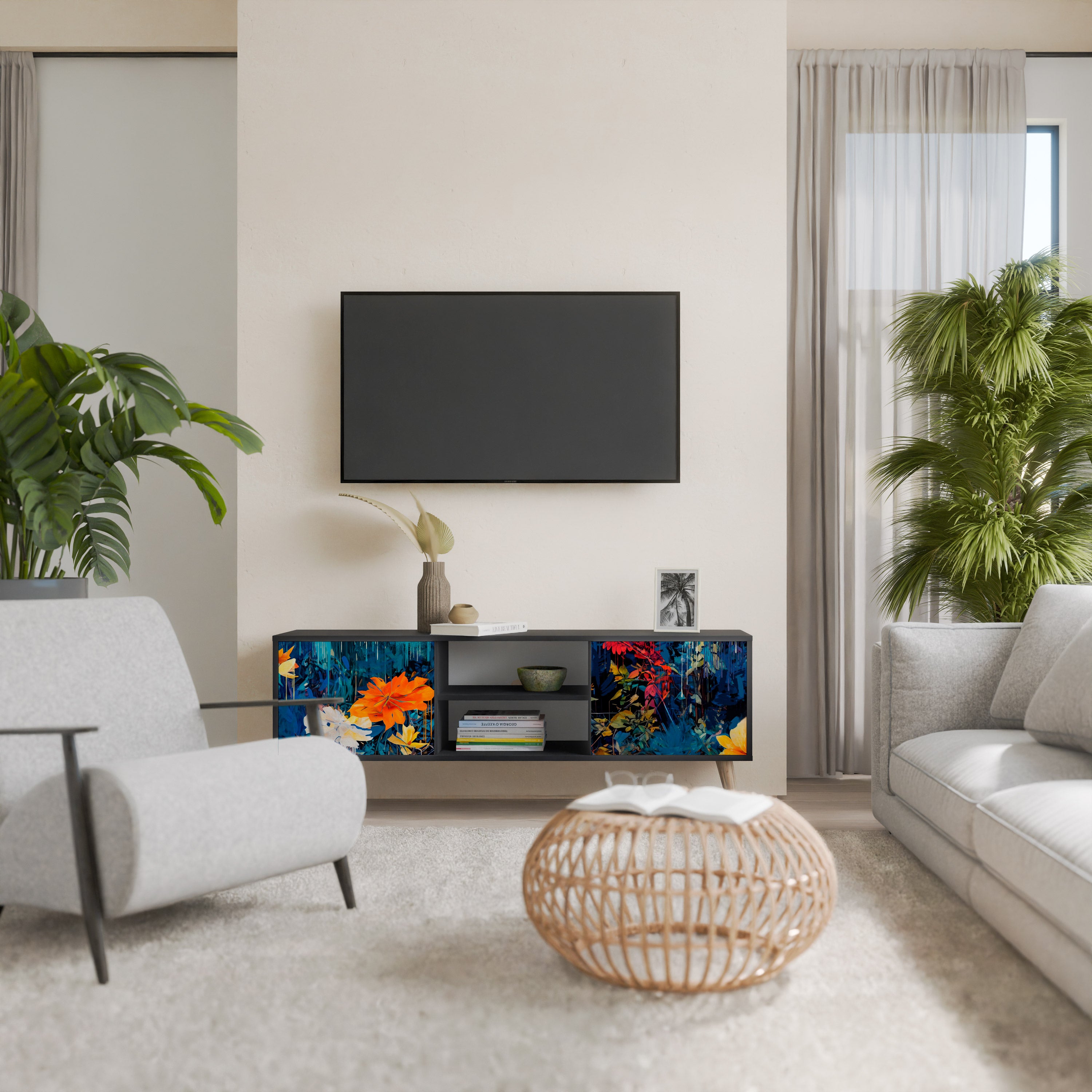 Mueble de TV de 2 puertas MIDNIGHT BLOSSOM con acabado negro
