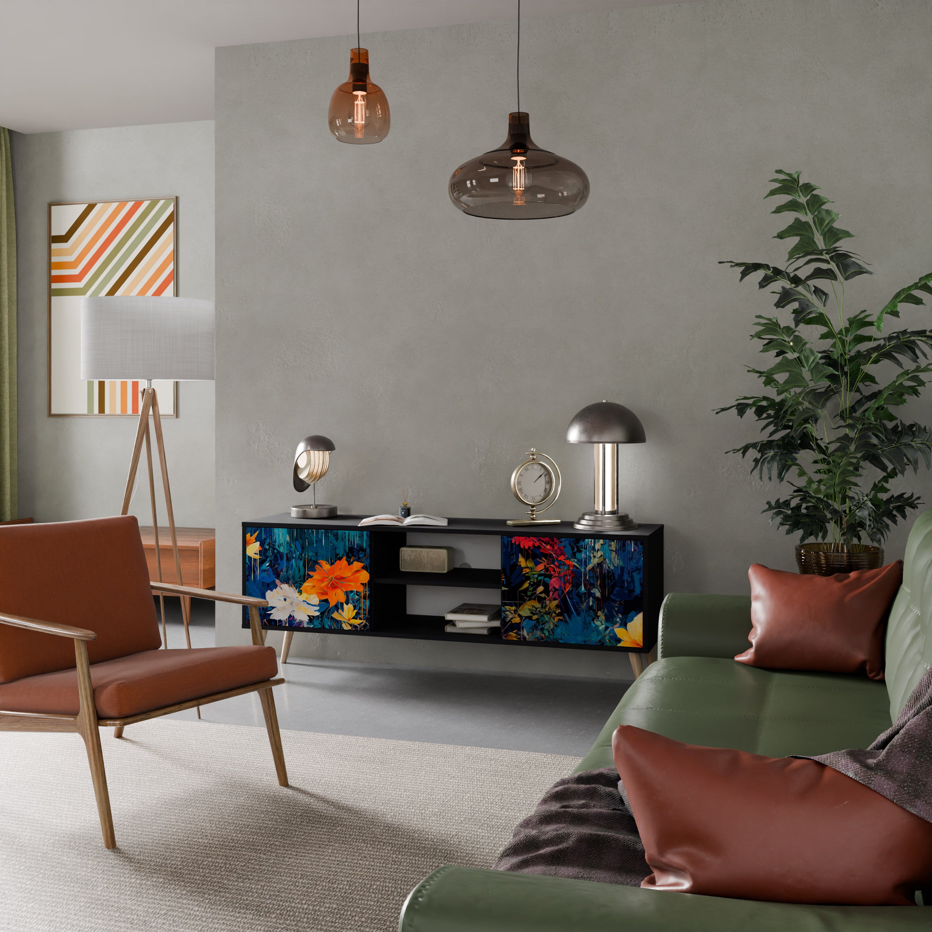 Mueble de TV de 2 puertas MIDNIGHT BLOSSOM con acabado negro