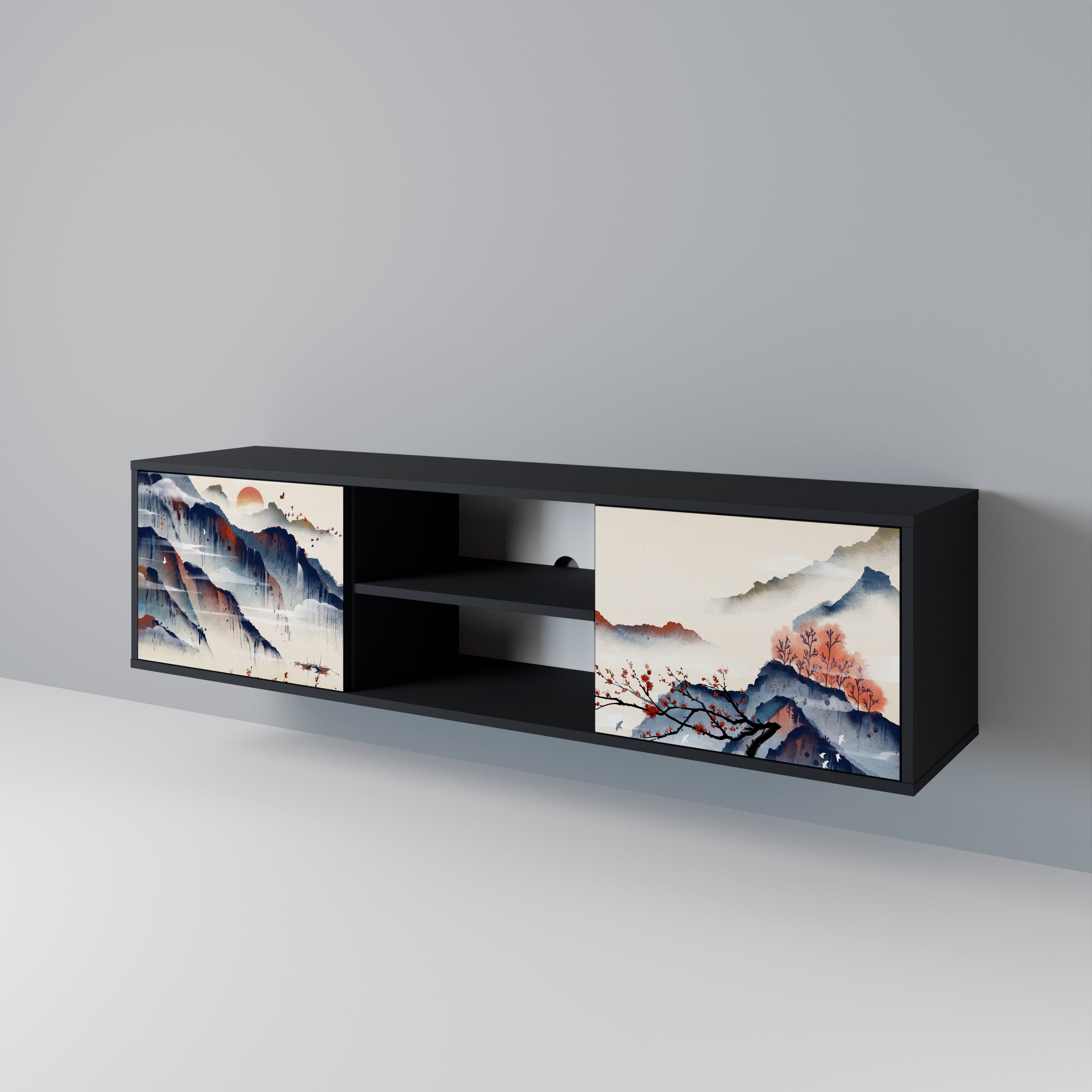 Mueble de TV de 2 puertas con diseño de paisaje japonés en acabado negro