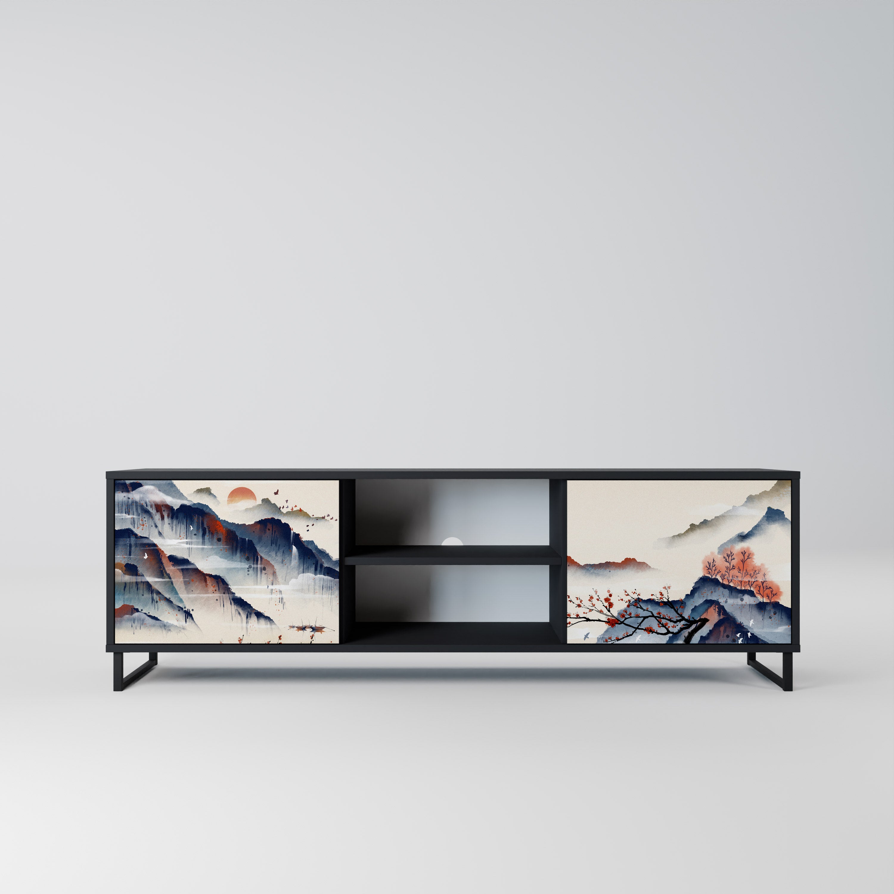 Mueble de TV de 2 puertas con diseño de paisaje japonés en acabado negro
