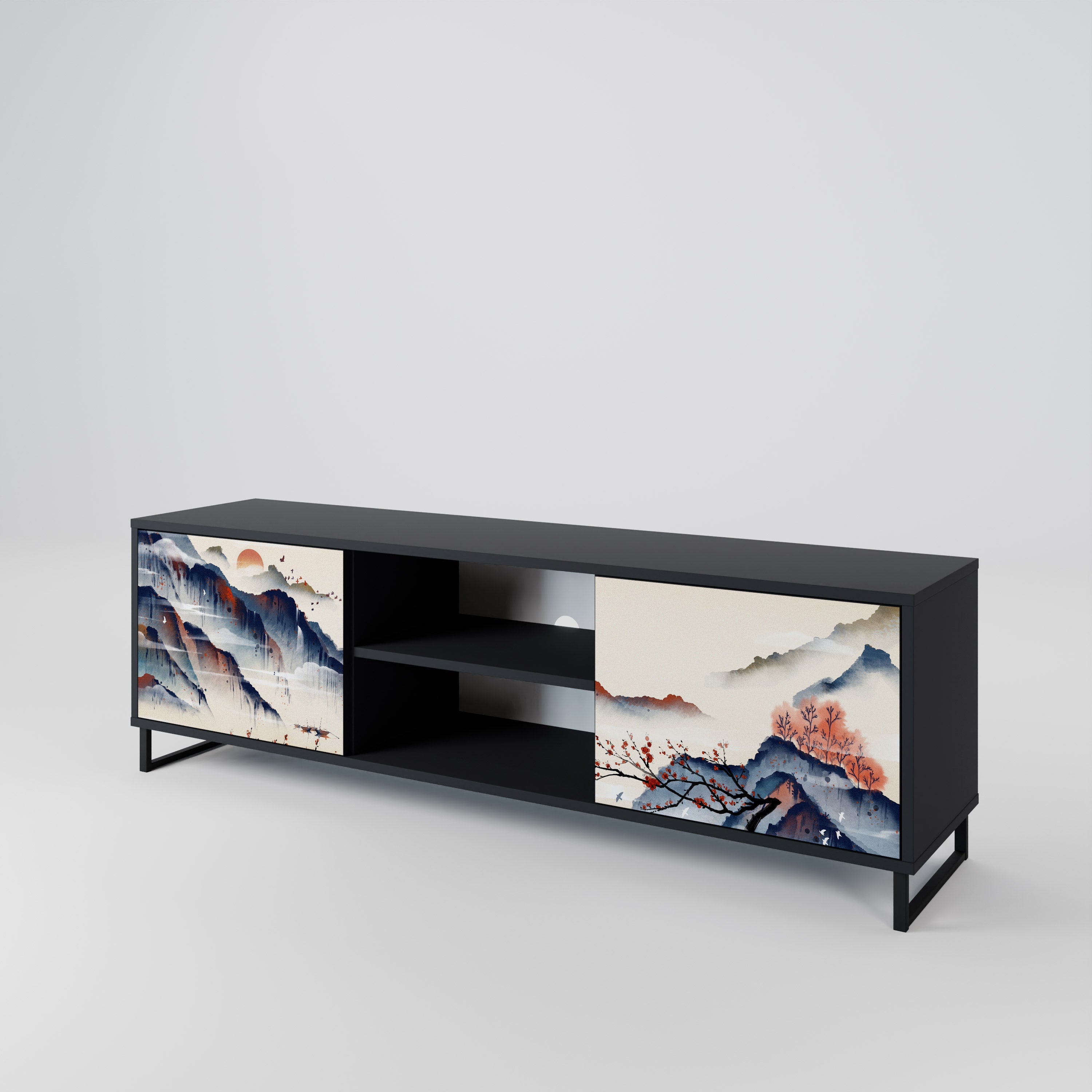 Mueble de TV de 2 puertas con diseño de paisaje japonés en acabado negro