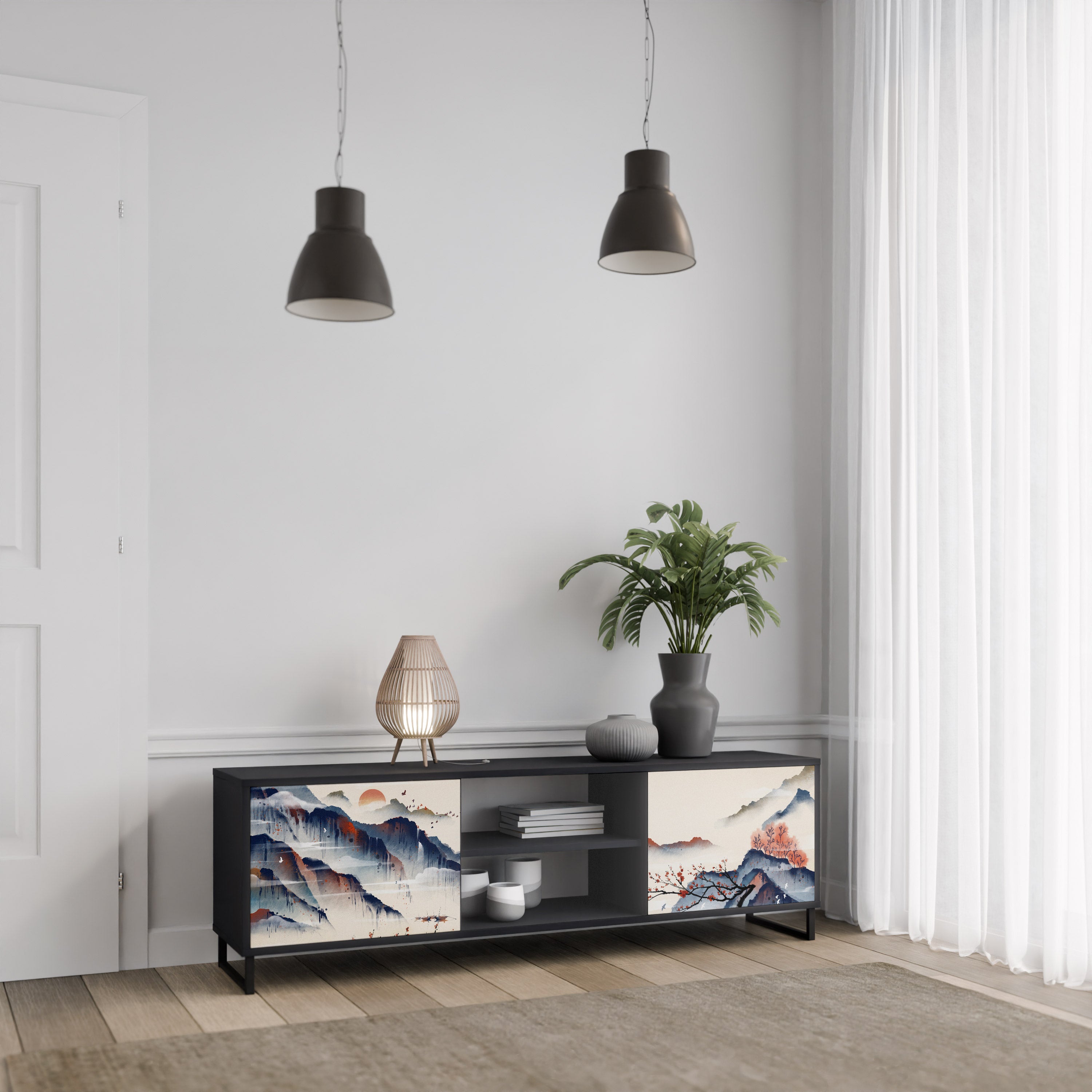 Mueble de TV de 2 puertas con diseño de paisaje japonés en acabado negro