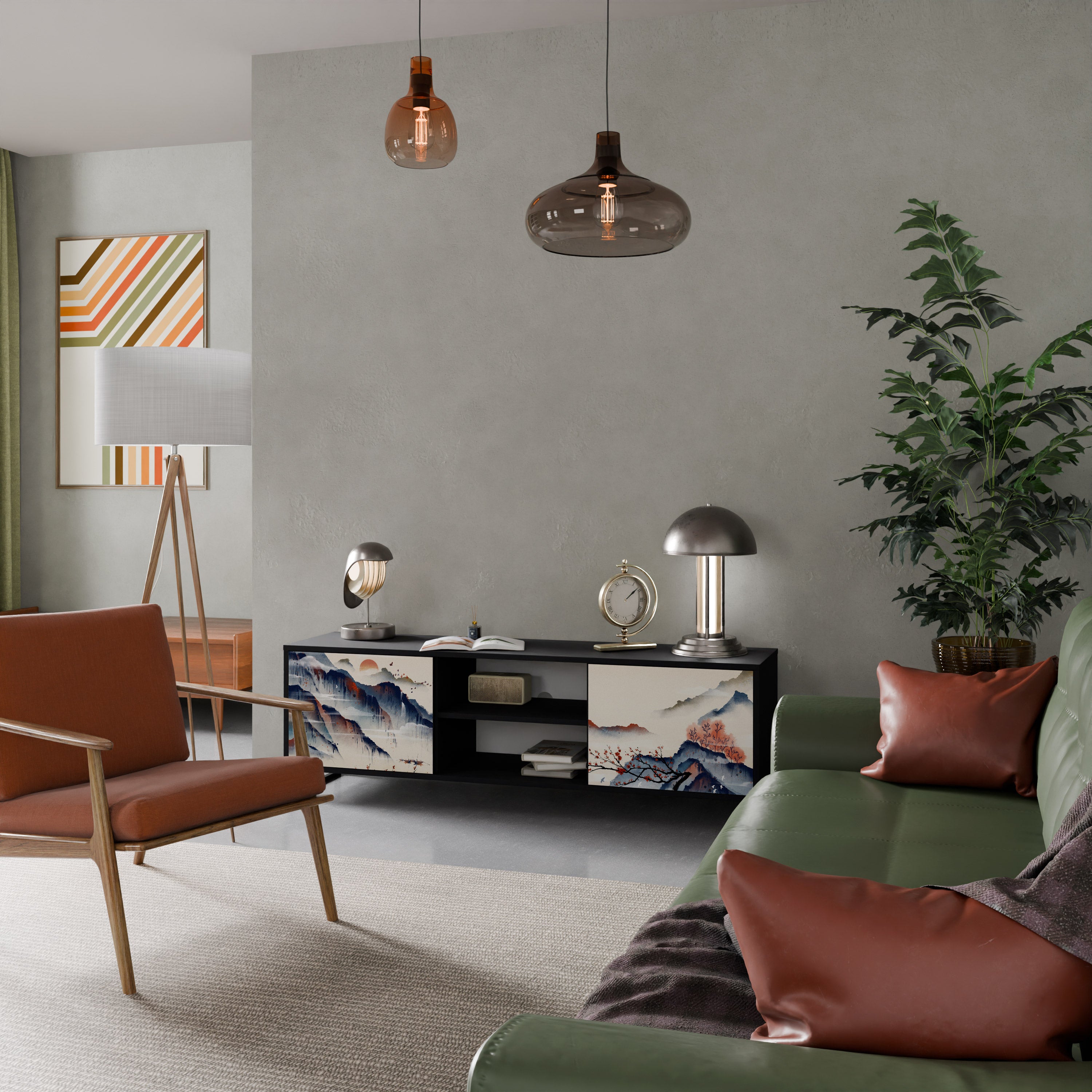 Mueble de TV de 2 puertas con diseño de paisaje japonés en acabado negro