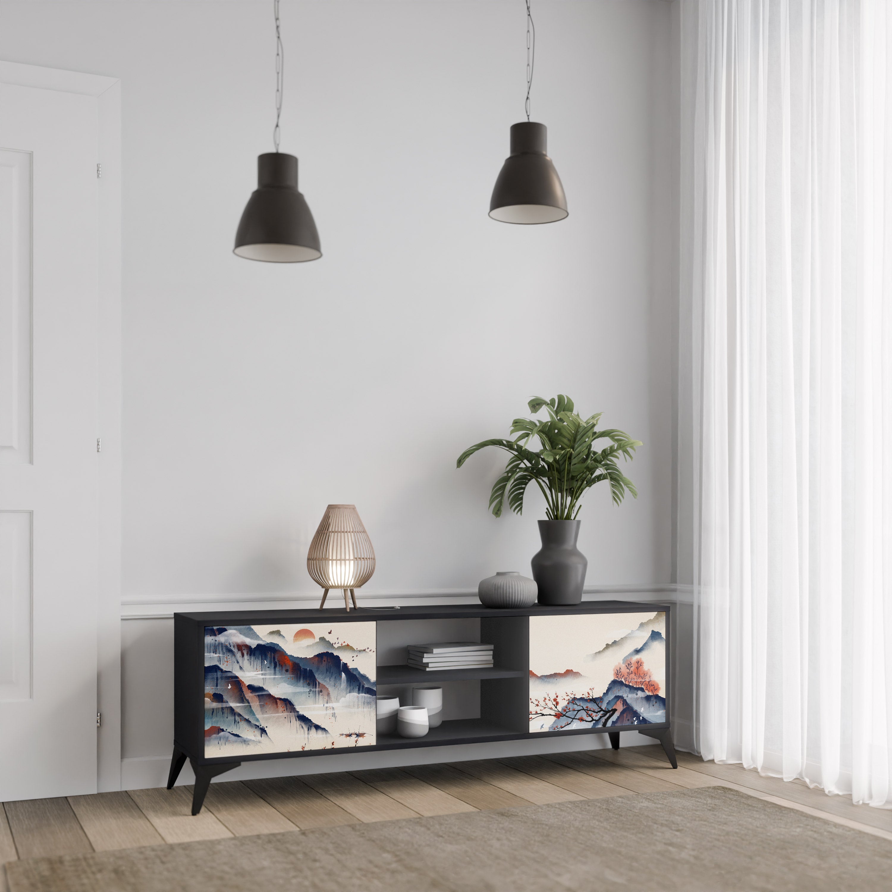 Mueble de TV de 2 puertas con diseño de paisaje japonés en acabado negro