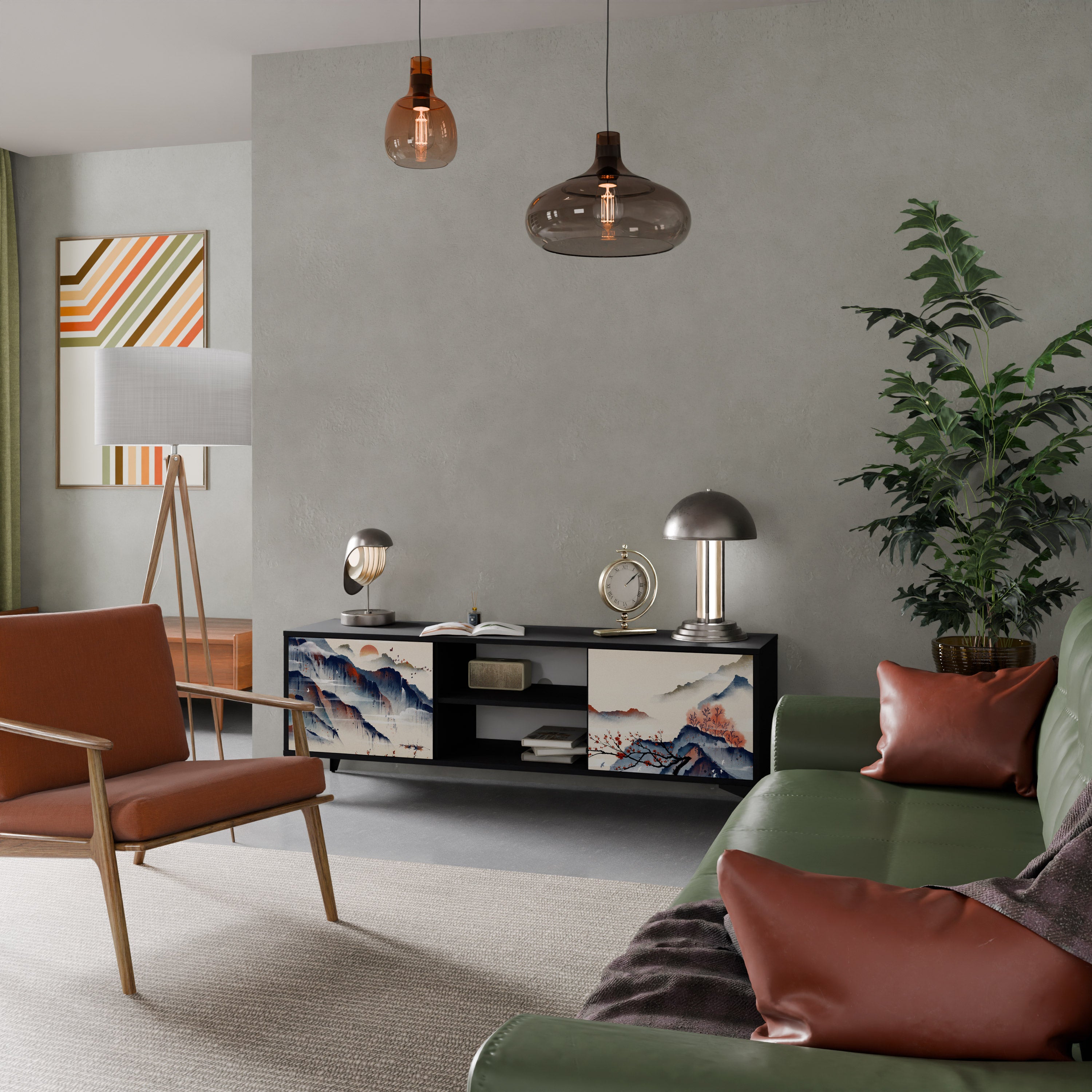 Mueble de TV de 2 puertas con diseño de paisaje japonés en acabado negro