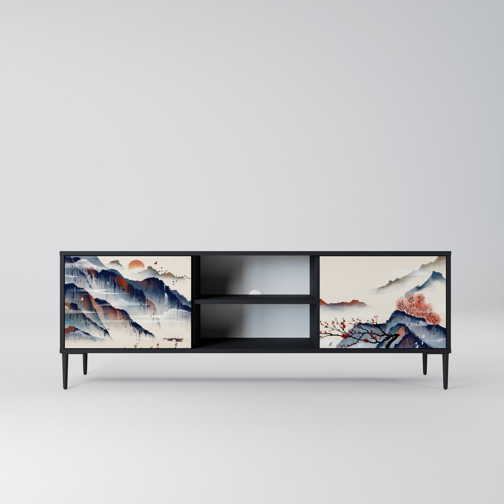 Mueble de TV de 2 puertas con diseño de paisaje japonés en acabado negro