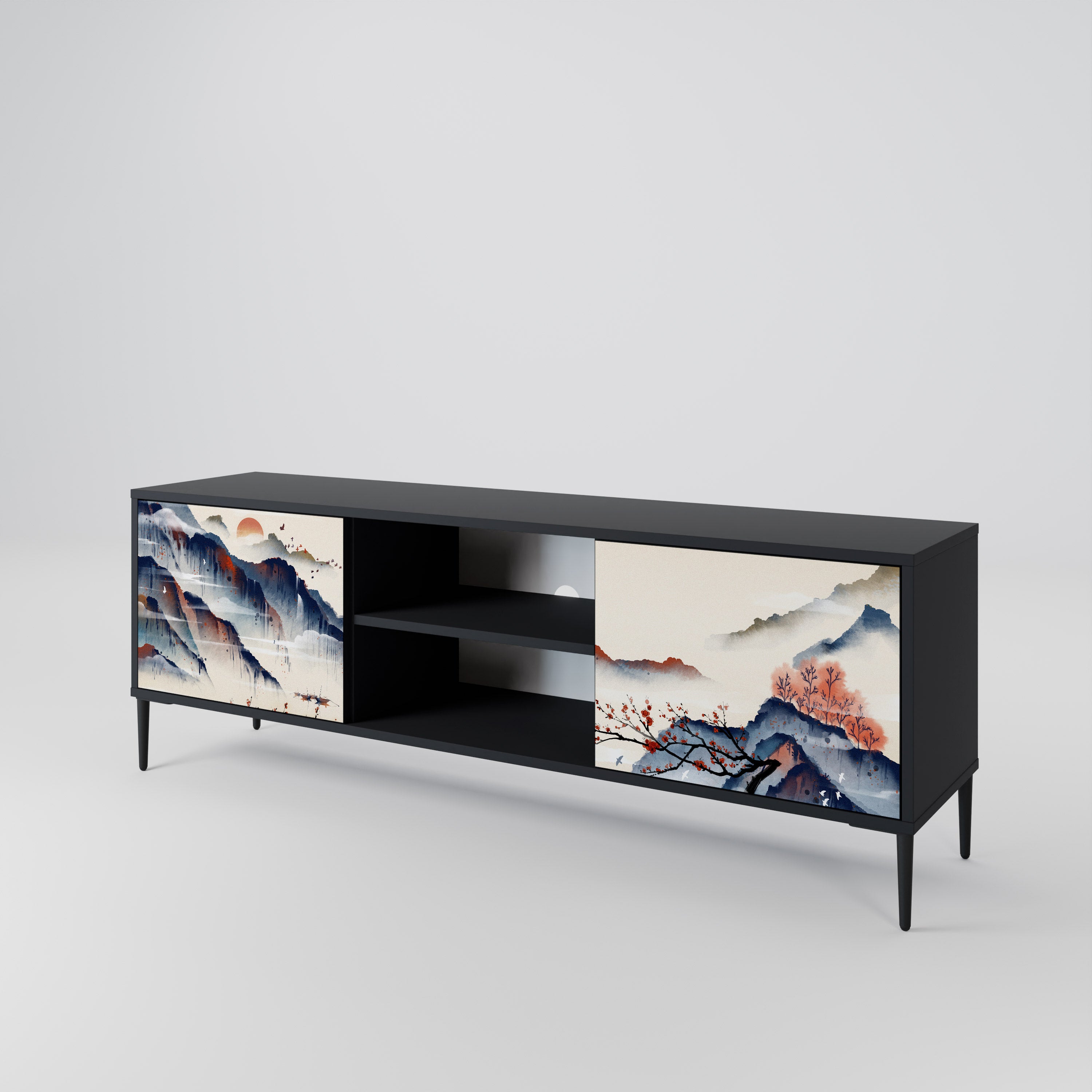 Mueble de TV de 2 puertas con diseño de paisaje japonés en acabado negro
