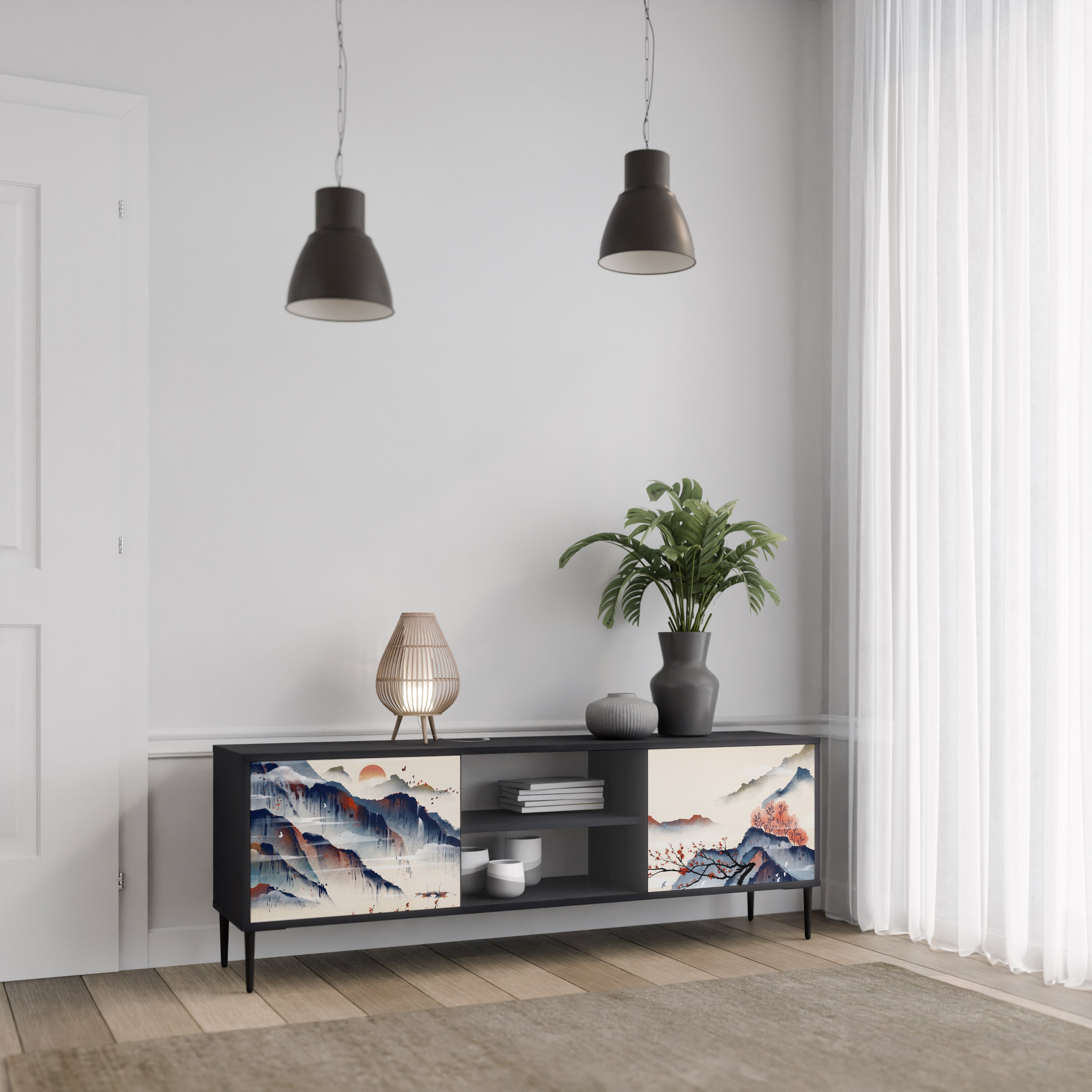 Mueble de TV de 2 puertas con diseño de paisaje japonés en acabado negro