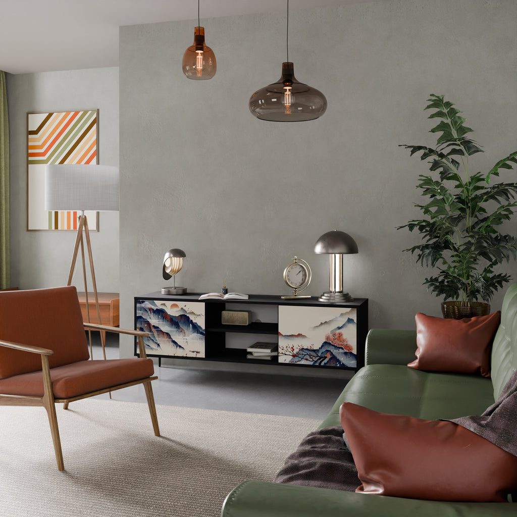 Mueble de TV de 2 puertas con diseño de paisaje japonés en acabado negro