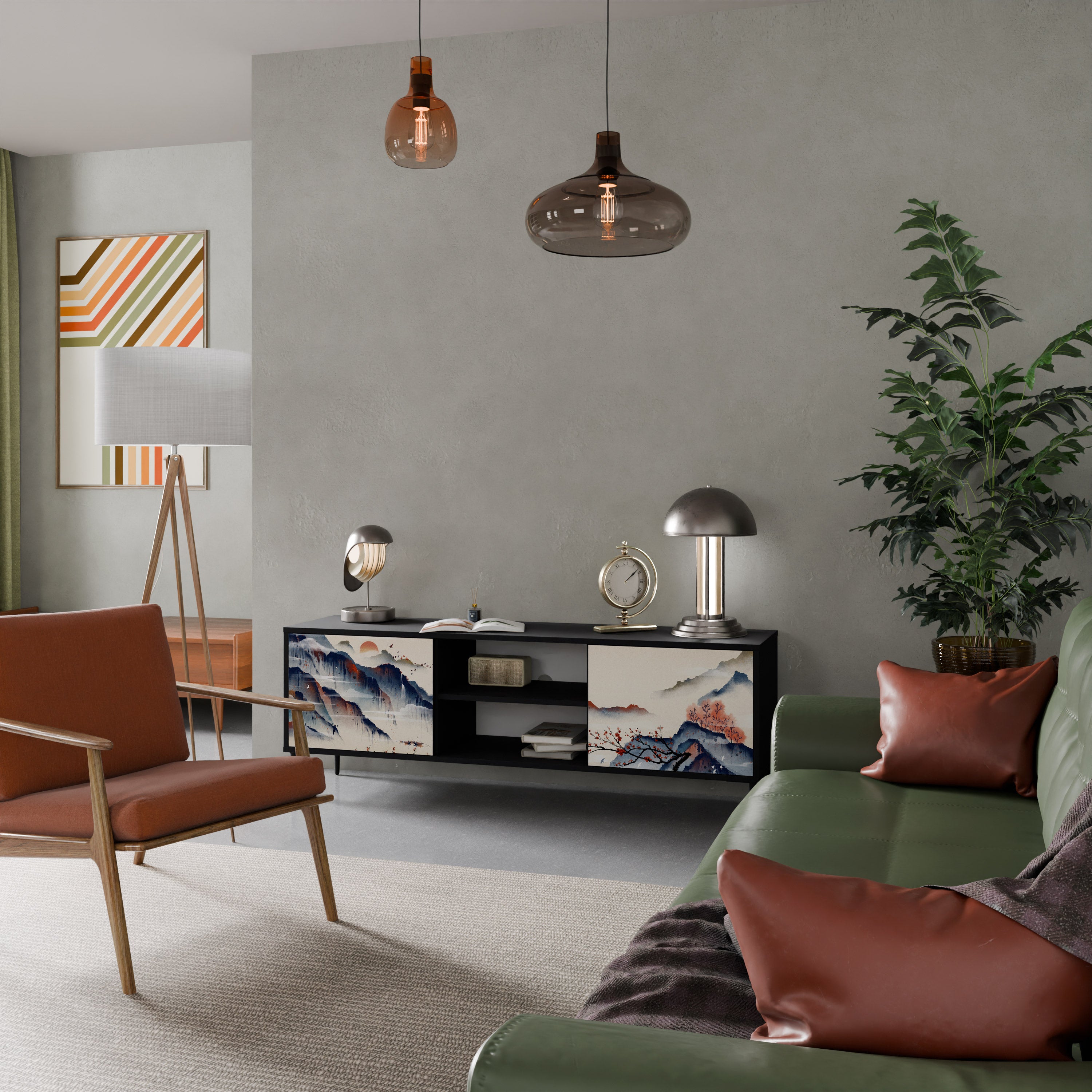 Mueble de TV de 2 puertas con diseño de paisaje japonés en acabado negro