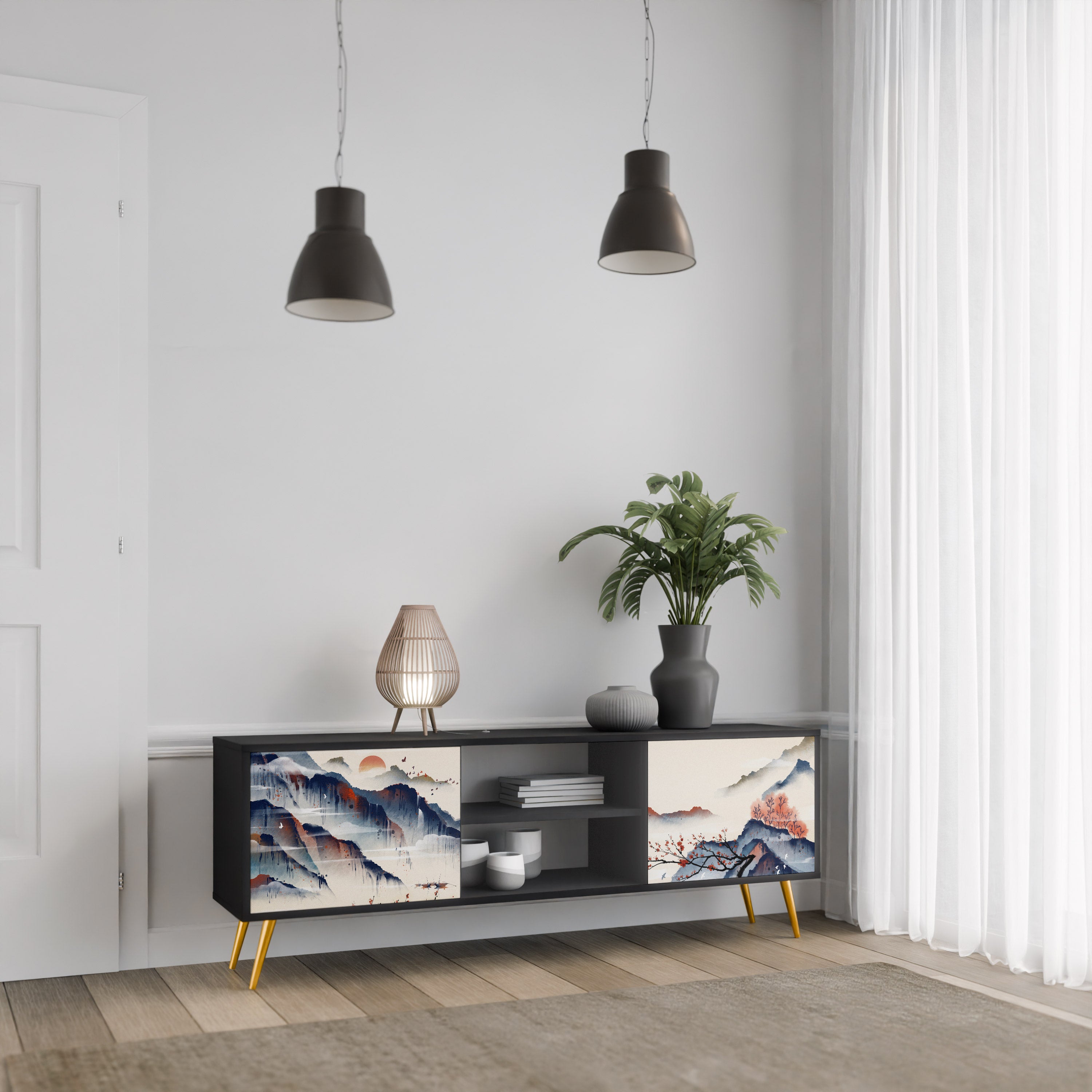 Mueble de TV de 2 puertas con diseño de paisaje japonés en acabado negro