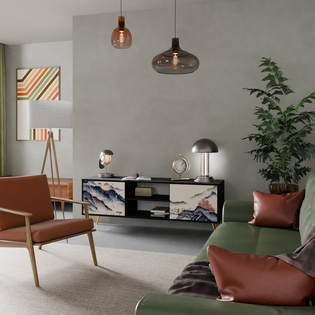 Mueble de TV de 2 puertas con diseño de paisaje japonés en acabado negro