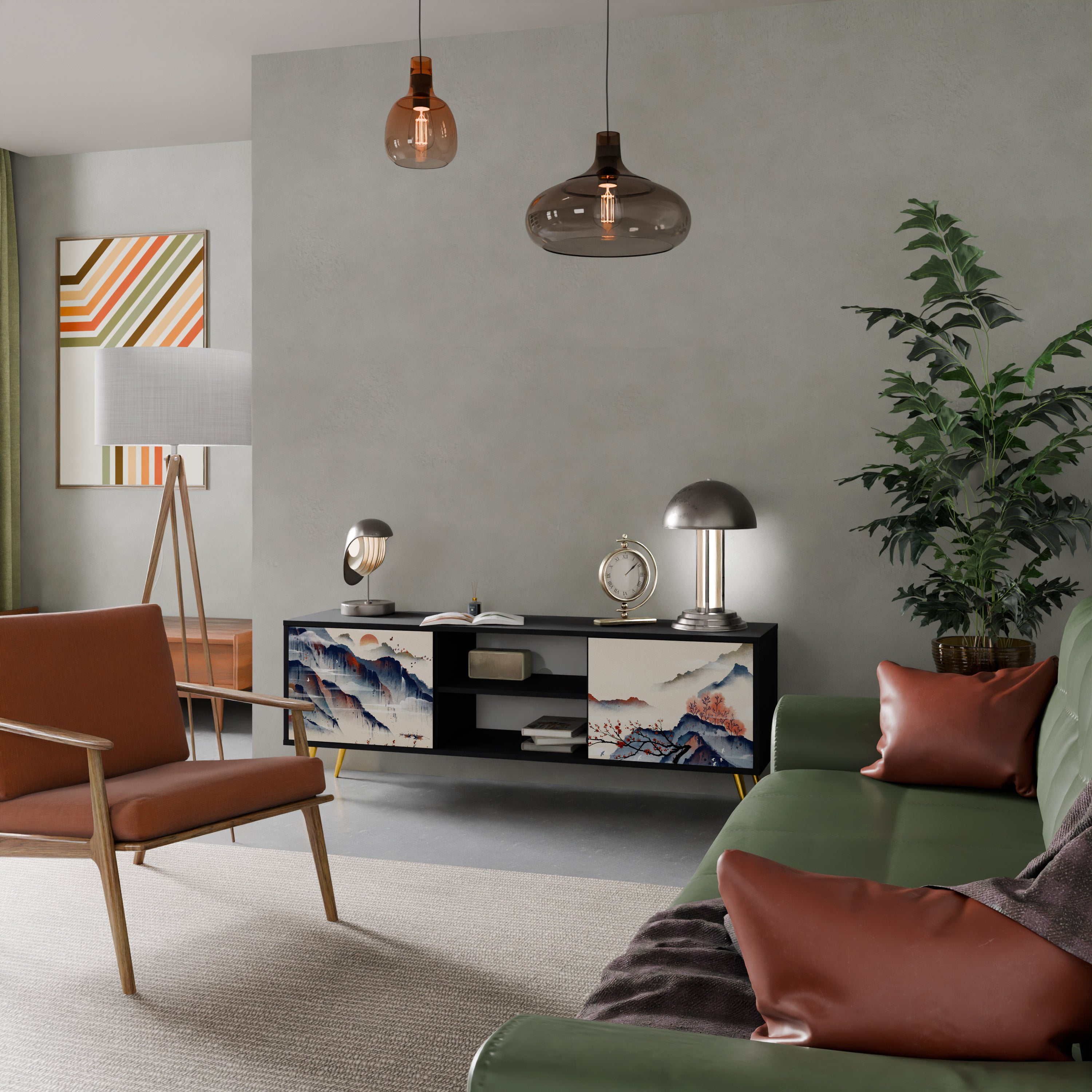 Mueble de TV de 2 puertas con diseño de paisaje japonés en acabado negro