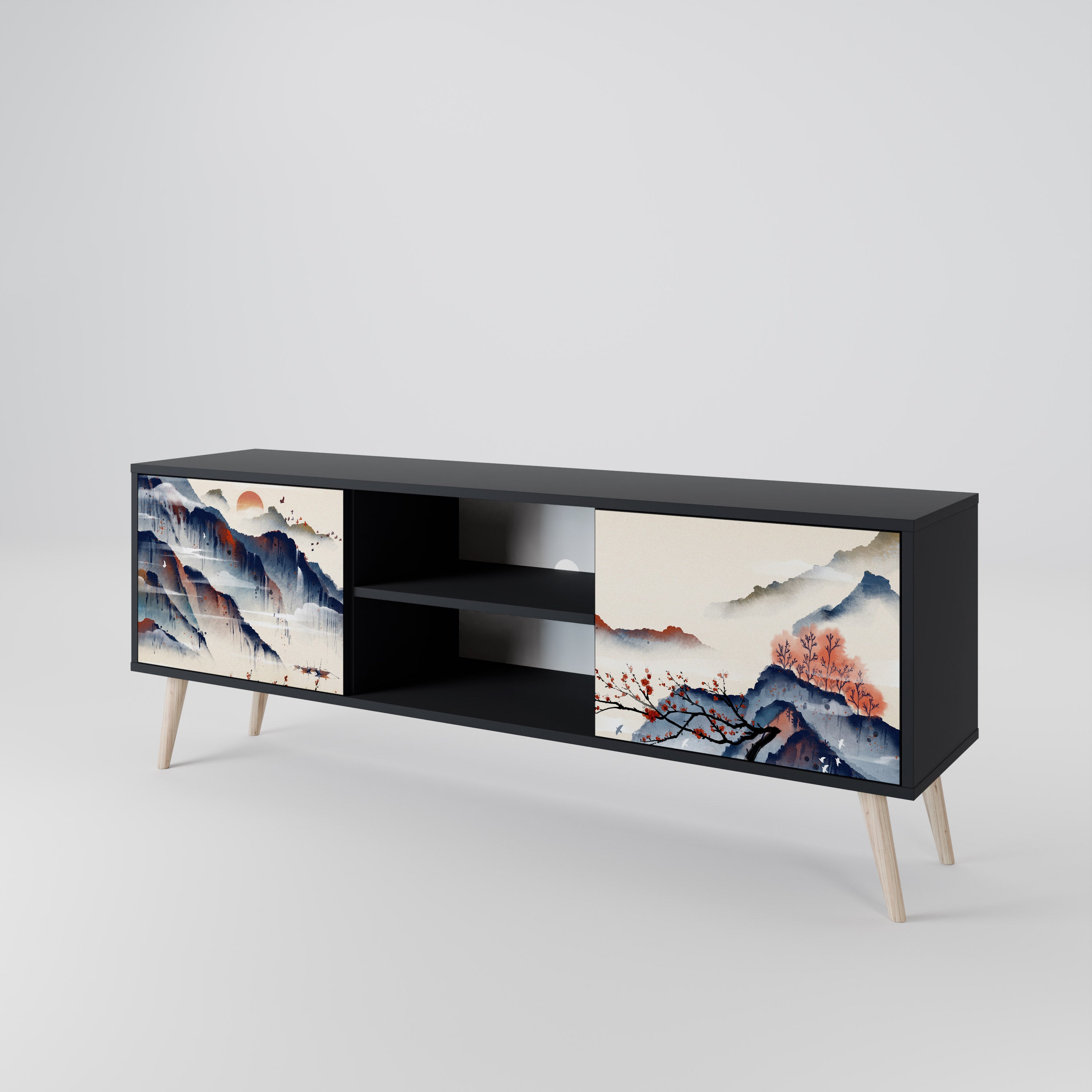 Mueble de TV de 2 puertas con diseño de paisaje japonés en acabado negro