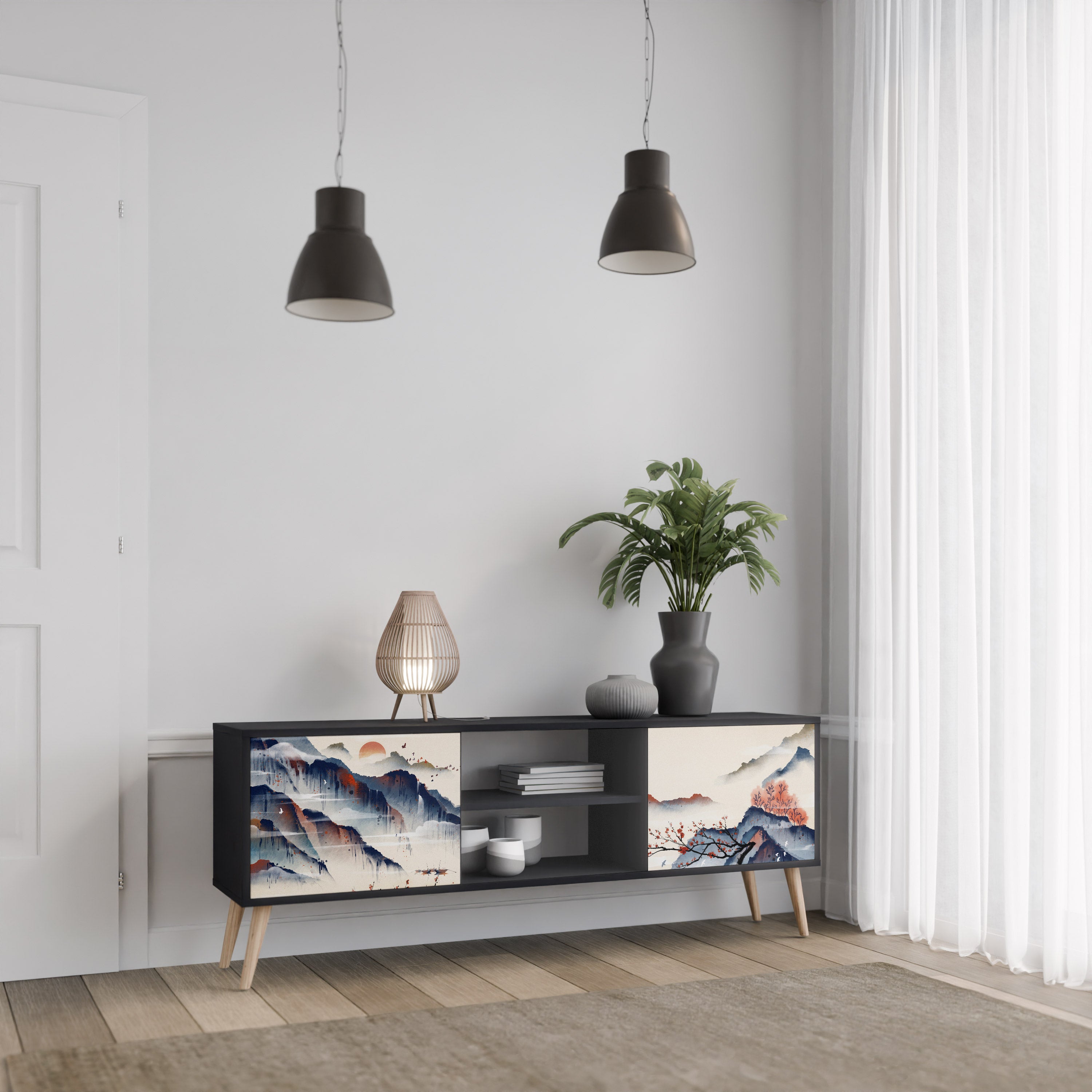 Mueble de TV de 2 puertas con diseño de paisaje japonés en acabado negro