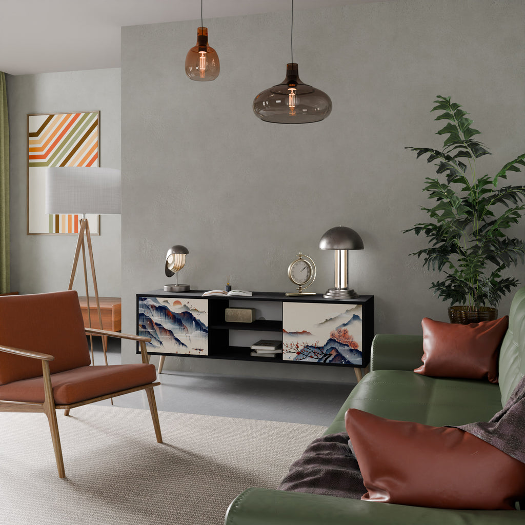 Mueble de TV de 2 puertas con diseño de paisaje japonés en acabado negro