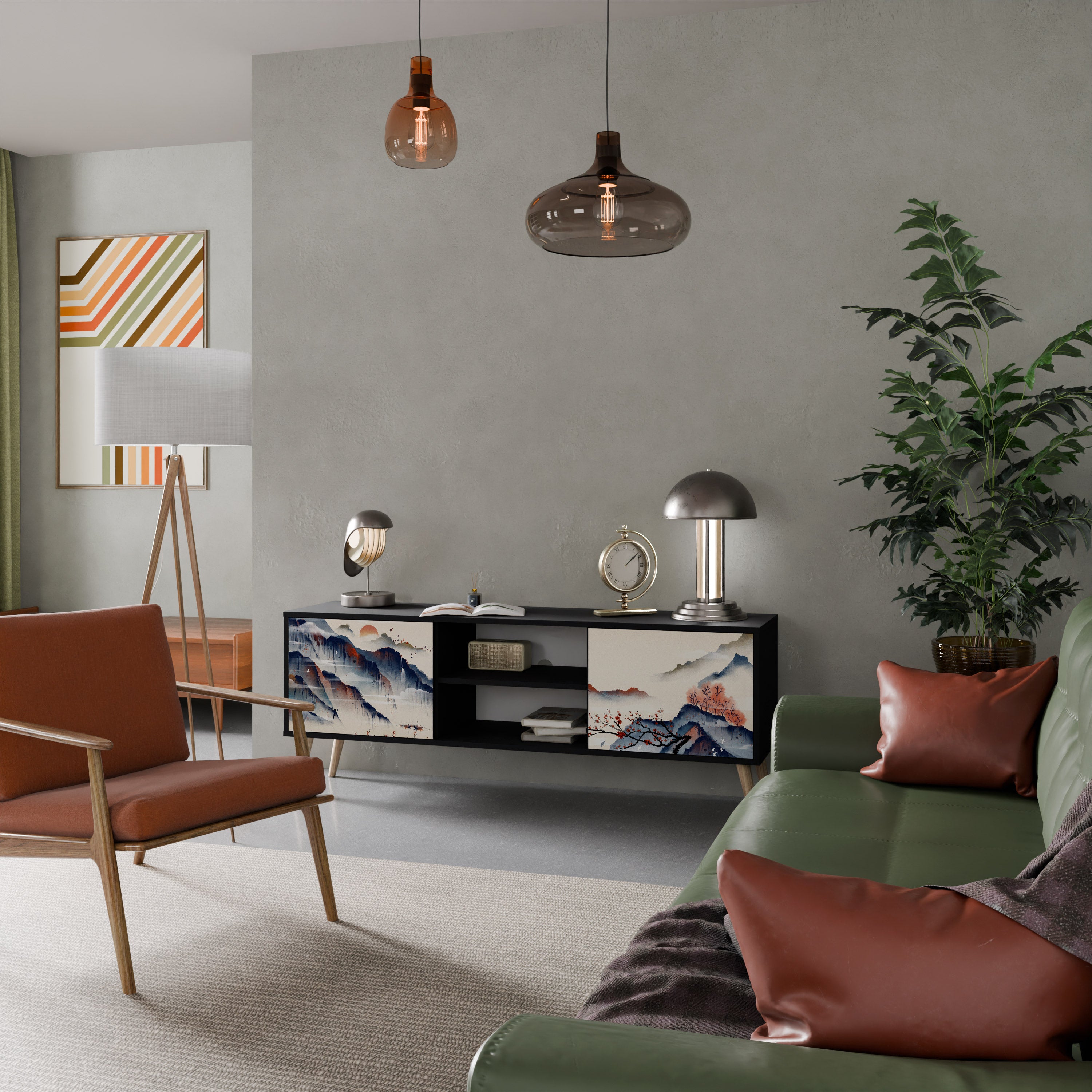 Mueble de TV de 2 puertas con diseño de paisaje japonés en acabado negro