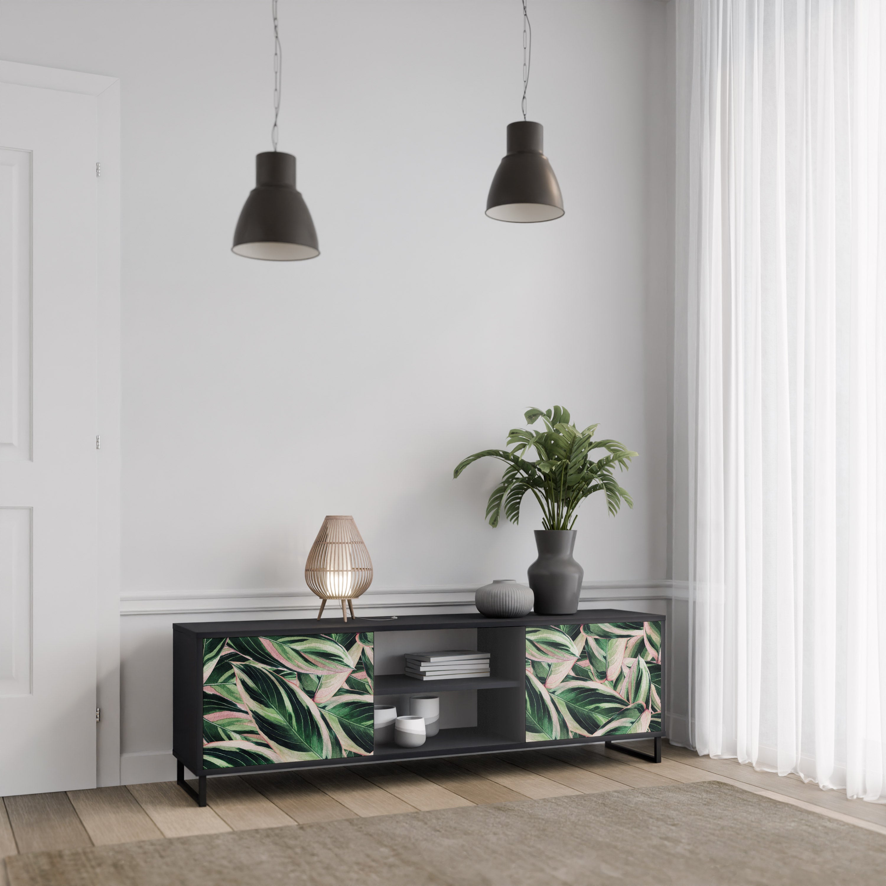 Mueble de TV de 2 puertas EERIE STROMANTHE con acabado negro