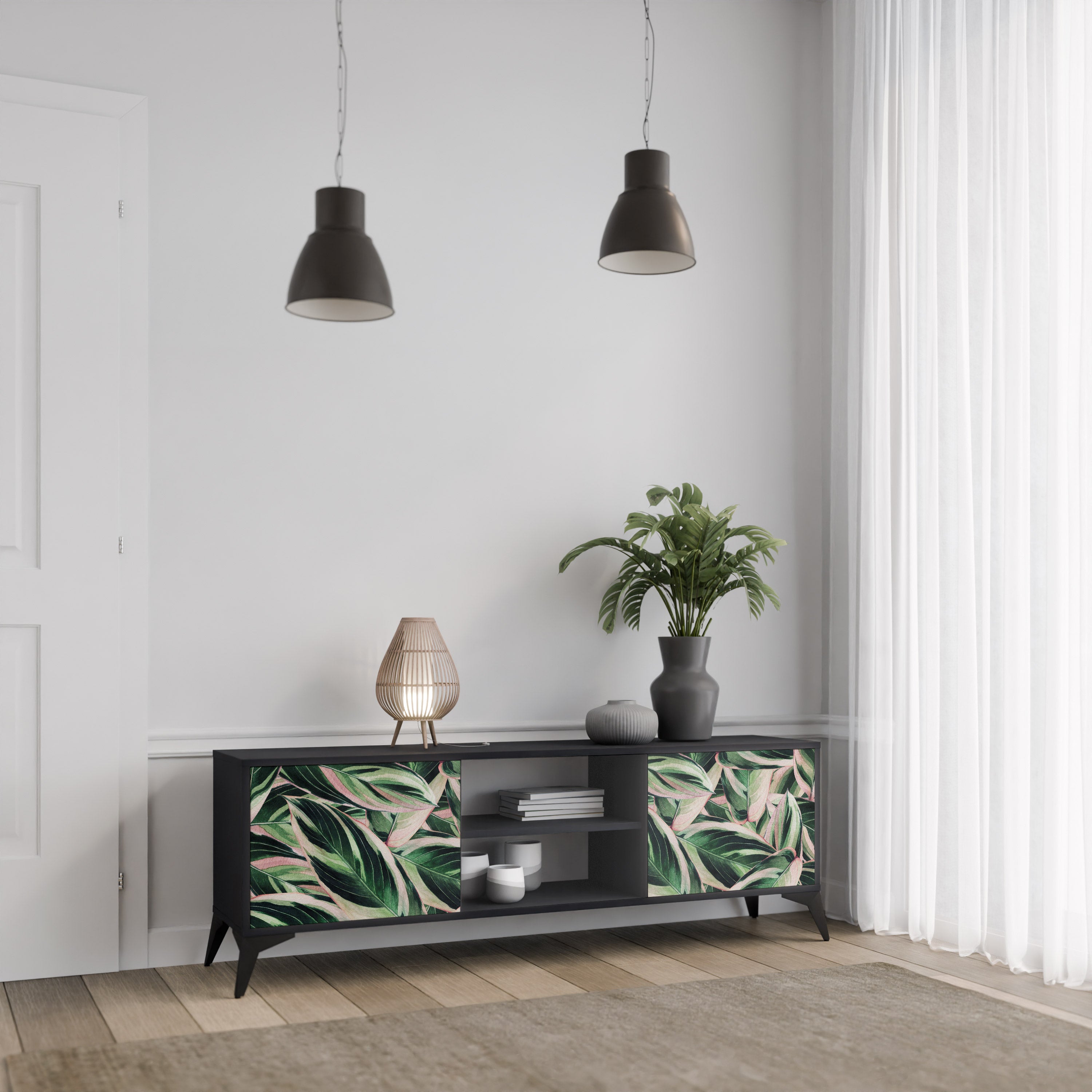Mueble de TV de 2 puertas EERIE STROMANTHE con acabado negro
