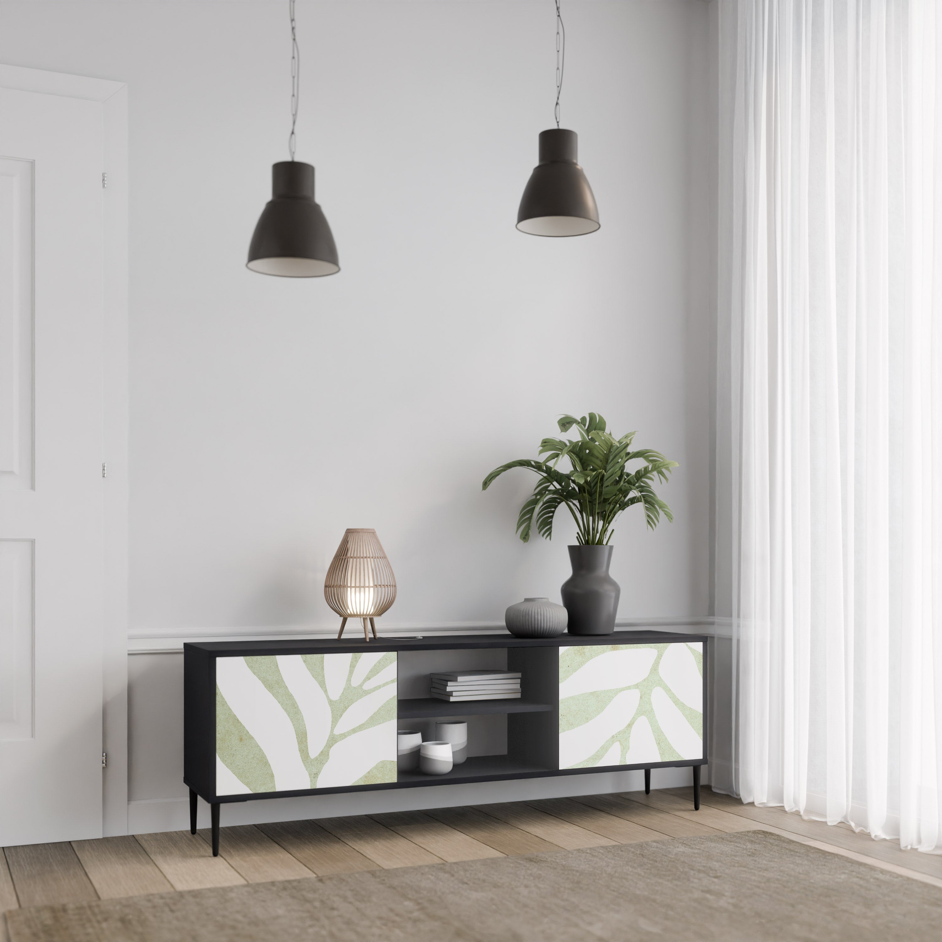 Mueble de TV de 2 puertas BOTANICAL SPARK con acabado negro