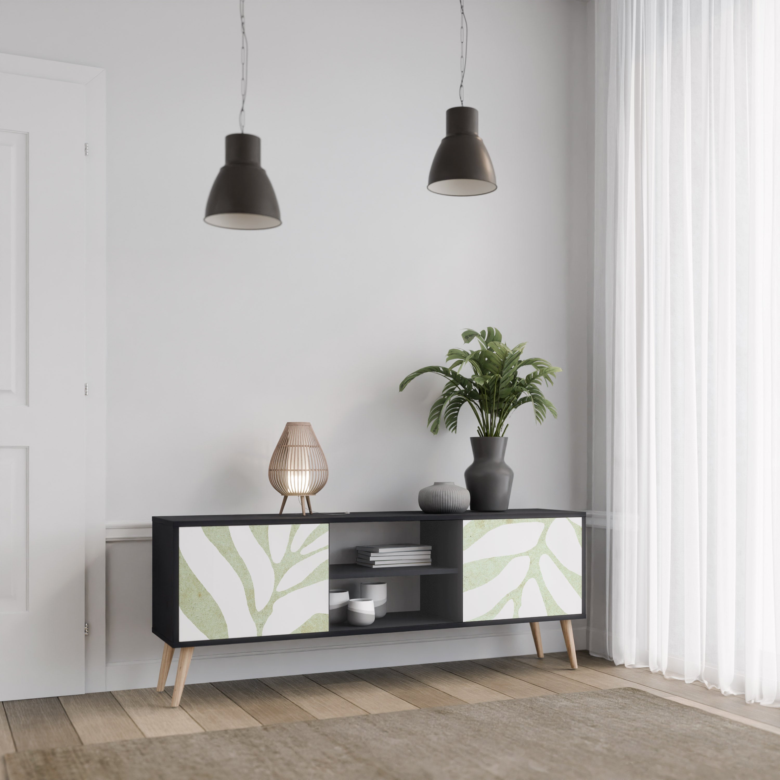 Mueble de TV de 2 puertas BOTANICAL SPARK con acabado negro