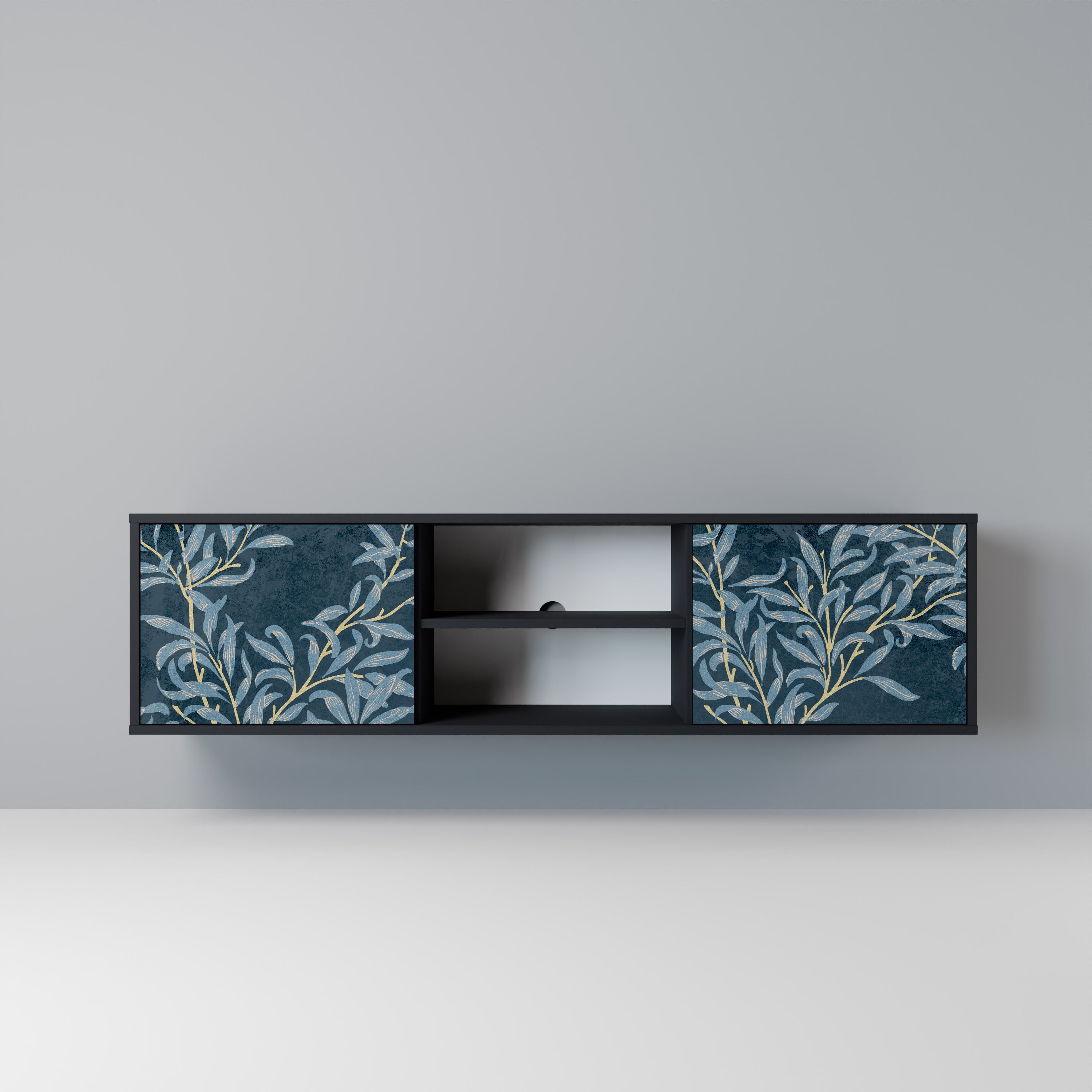 Mueble de TV de 2 puertas BLUE LEAVES con acabado negro