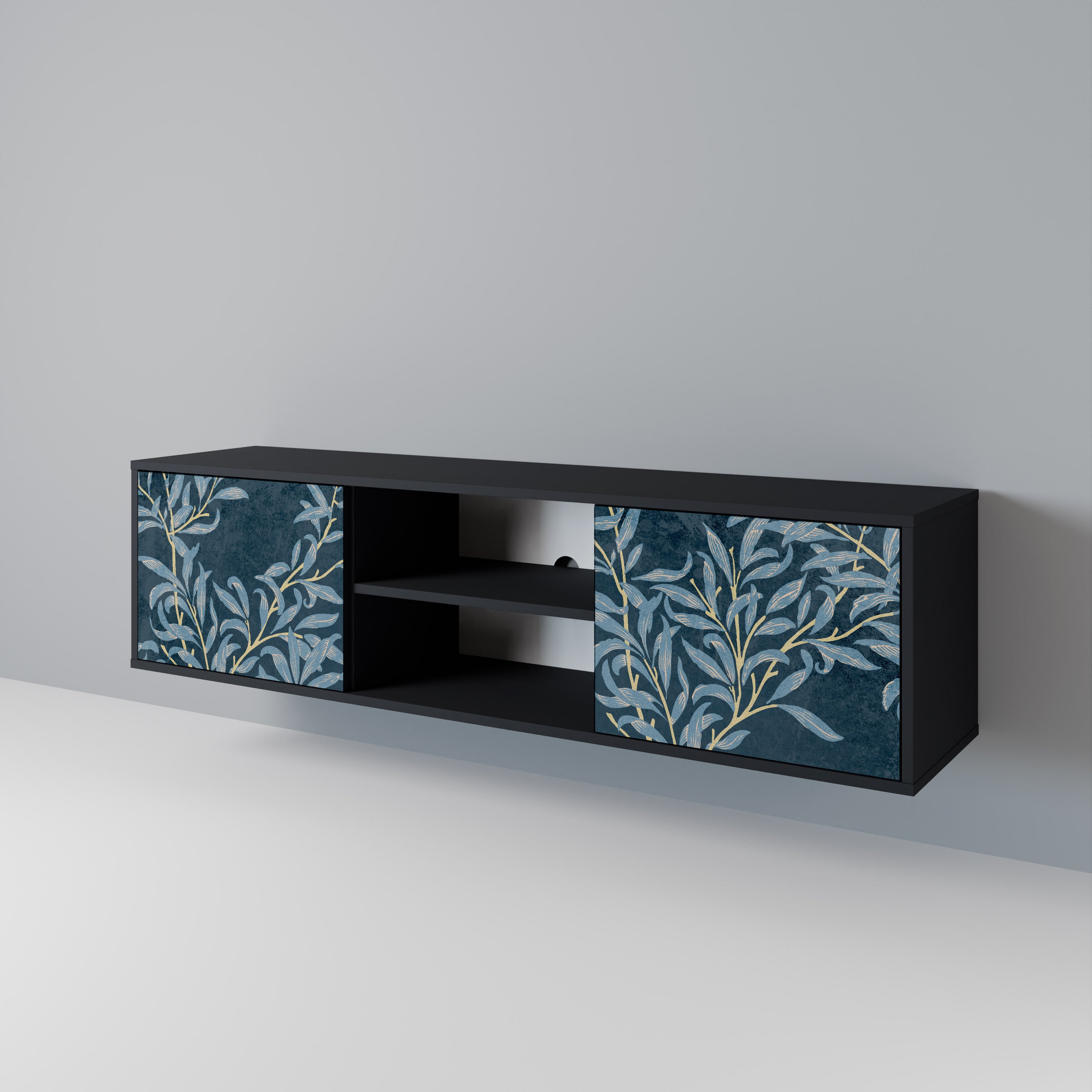 Mueble de TV de 2 puertas BLUE LEAVES con acabado negro