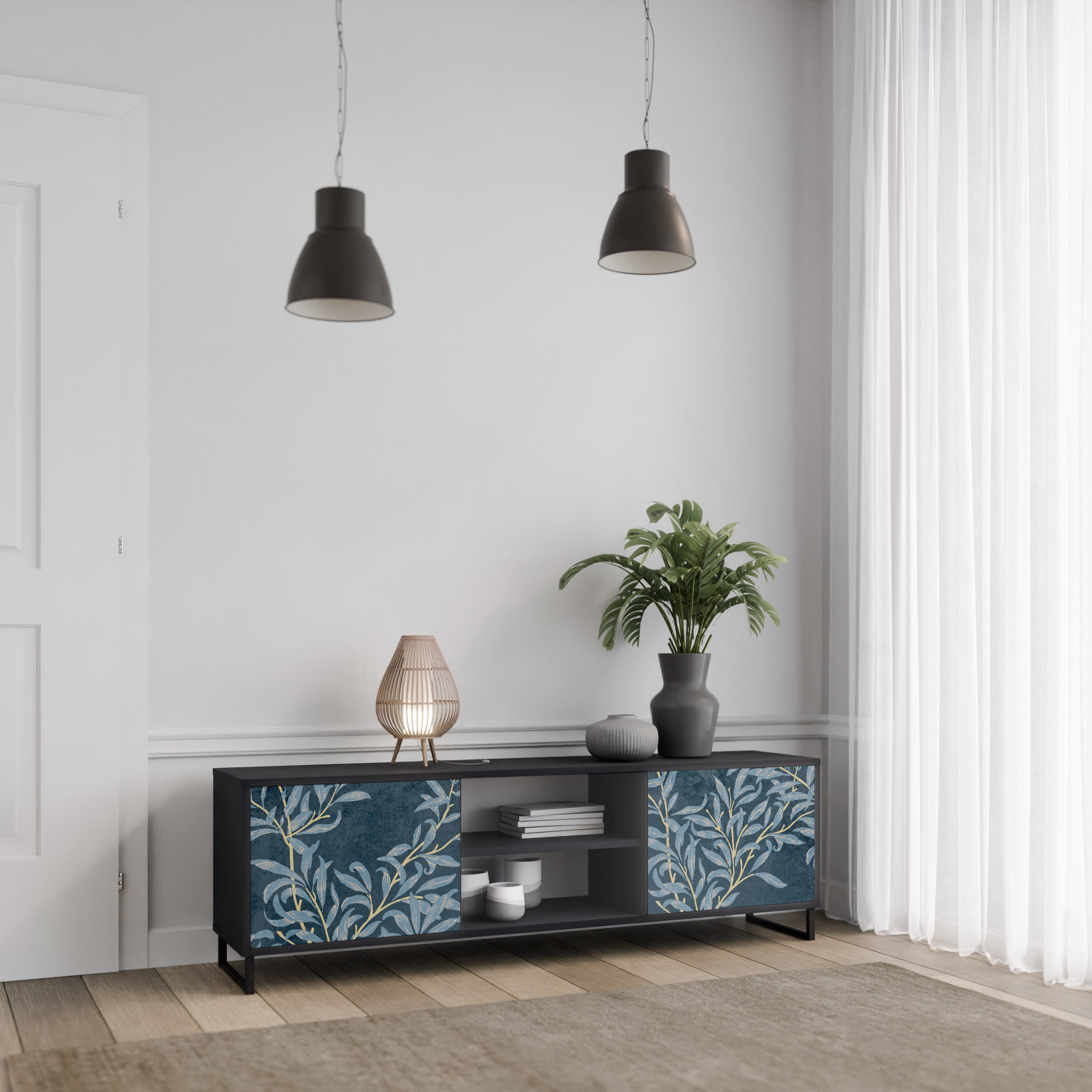Mueble de TV de 2 puertas BLUE LEAVES con acabado negro