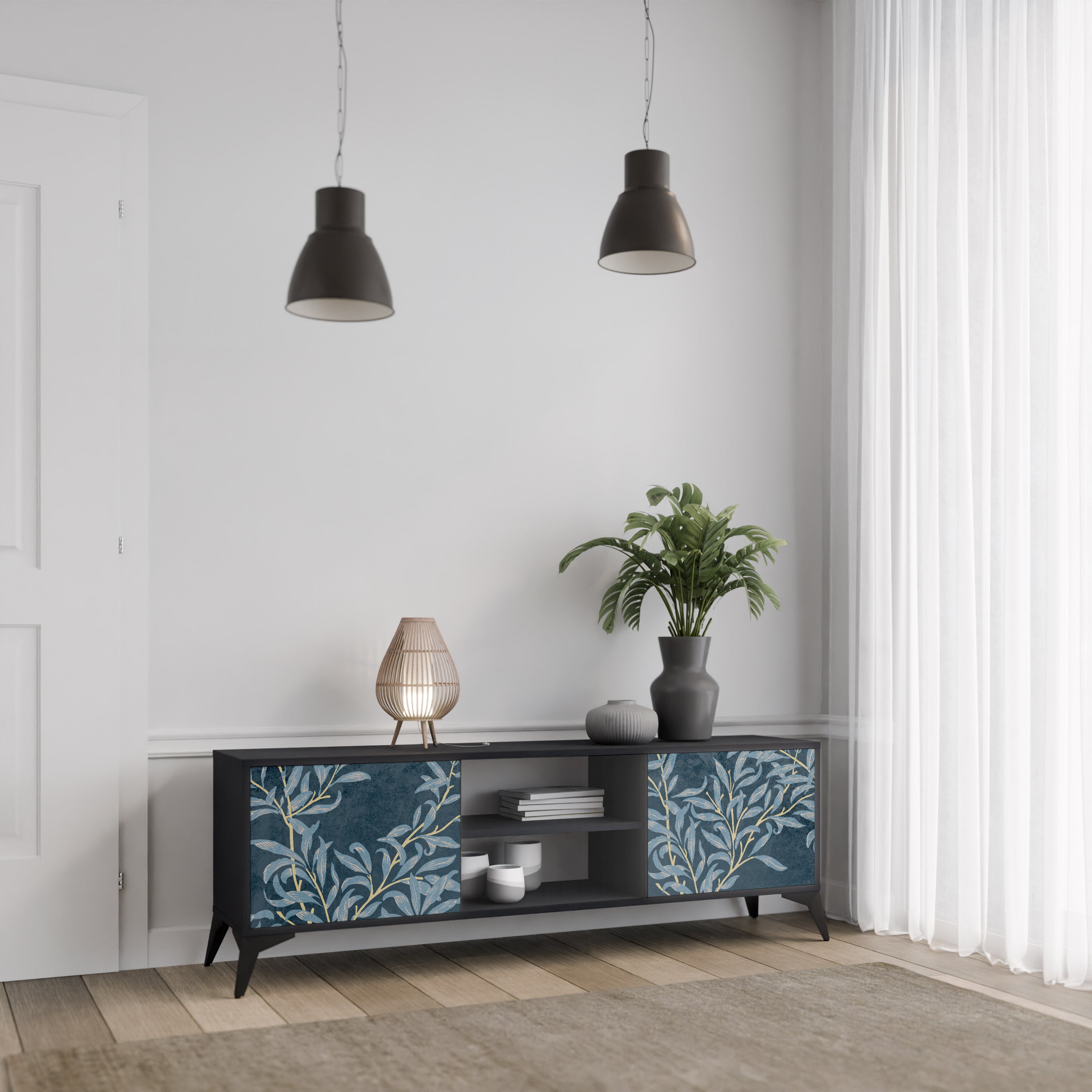 Mueble de TV de 2 puertas BLUE LEAVES con acabado negro