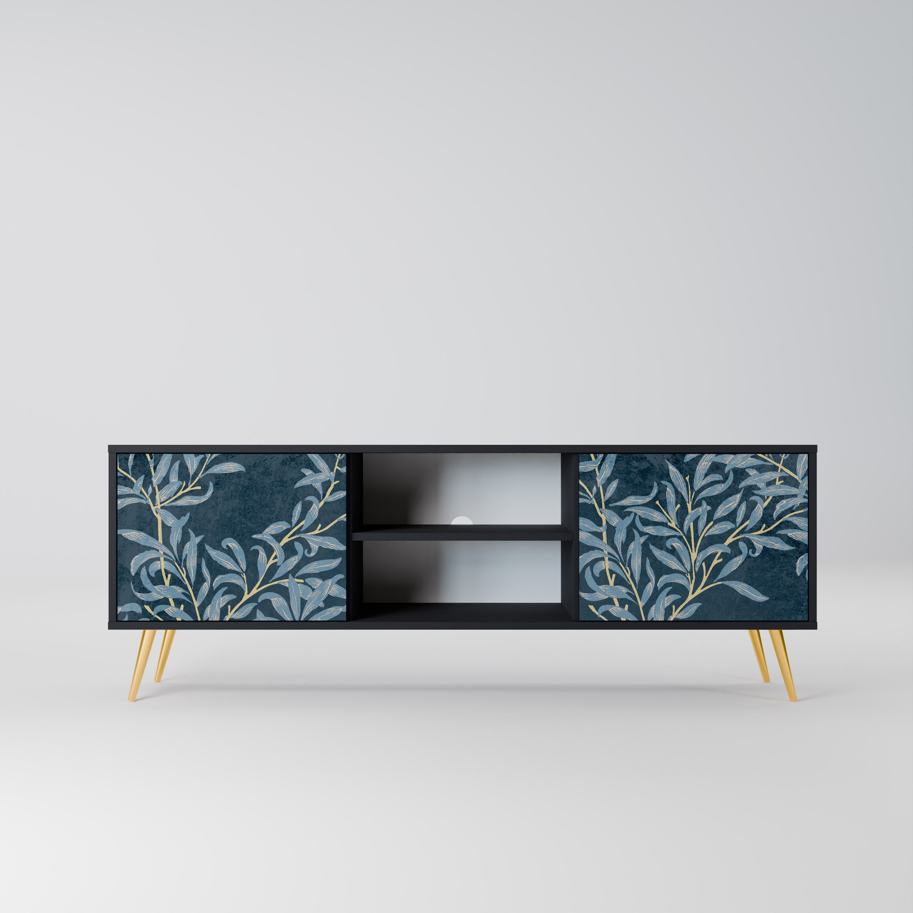 Mueble de TV de 2 puertas BLUE LEAVES con acabado negro