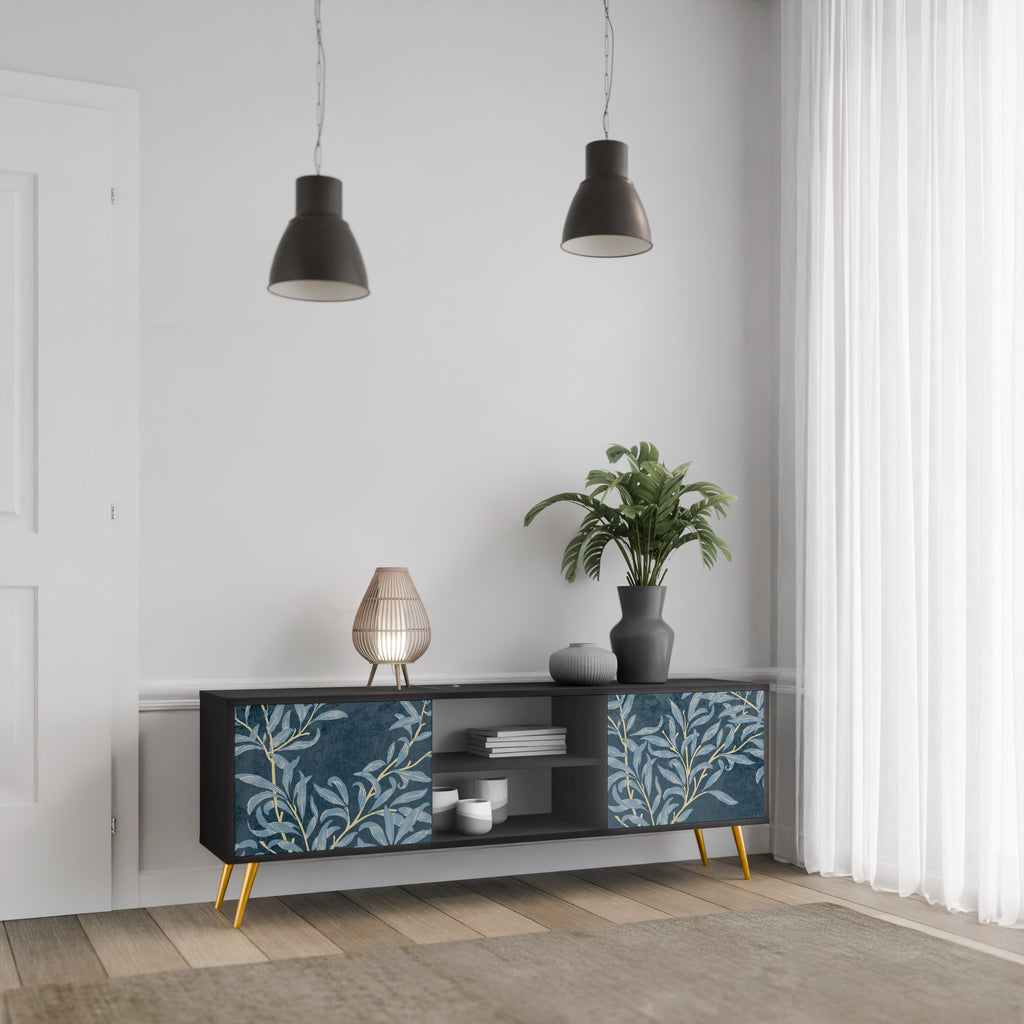 Mueble de TV de 2 puertas BLUE LEAVES con acabado negro