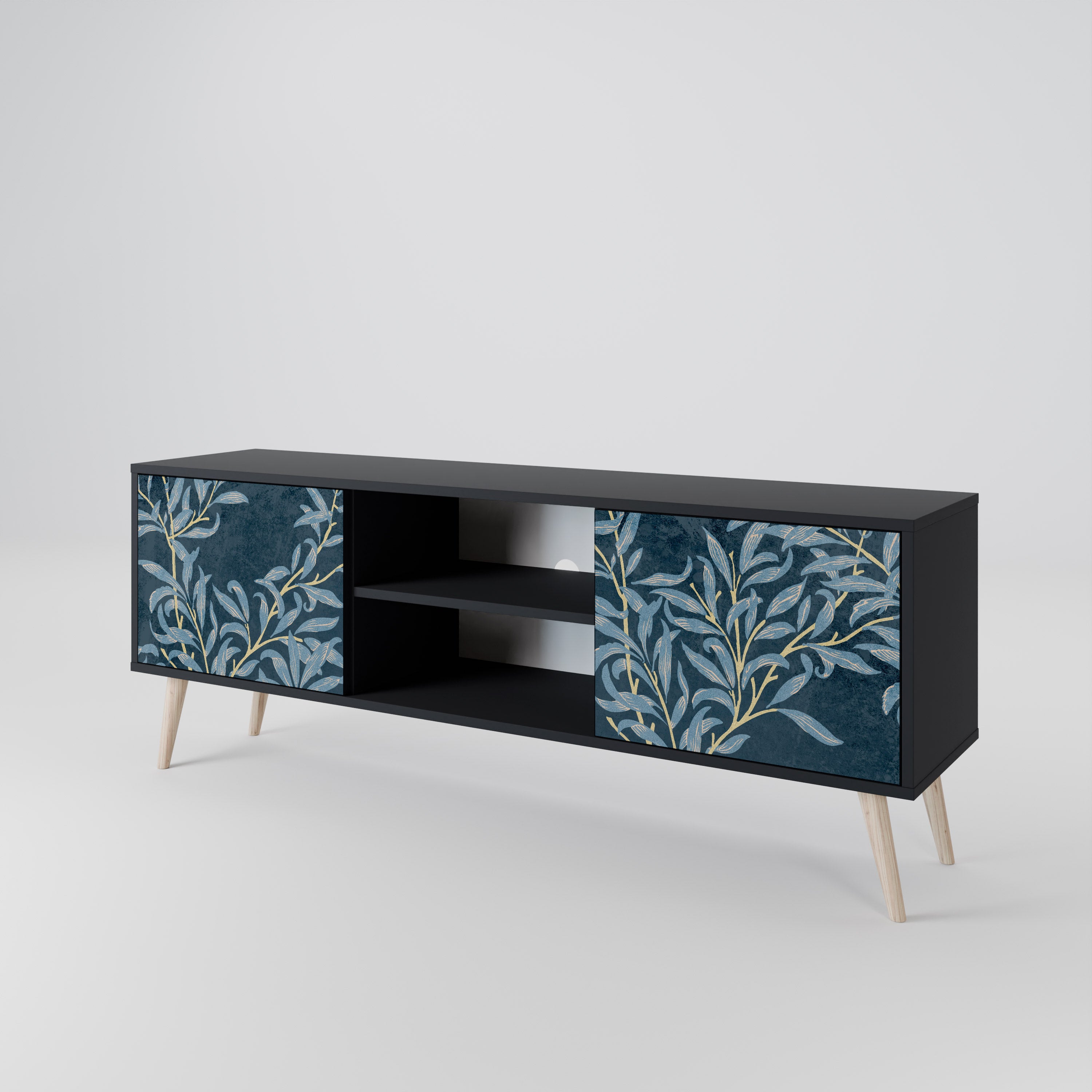 Mueble de TV de 2 puertas BLUE LEAVES con acabado negro