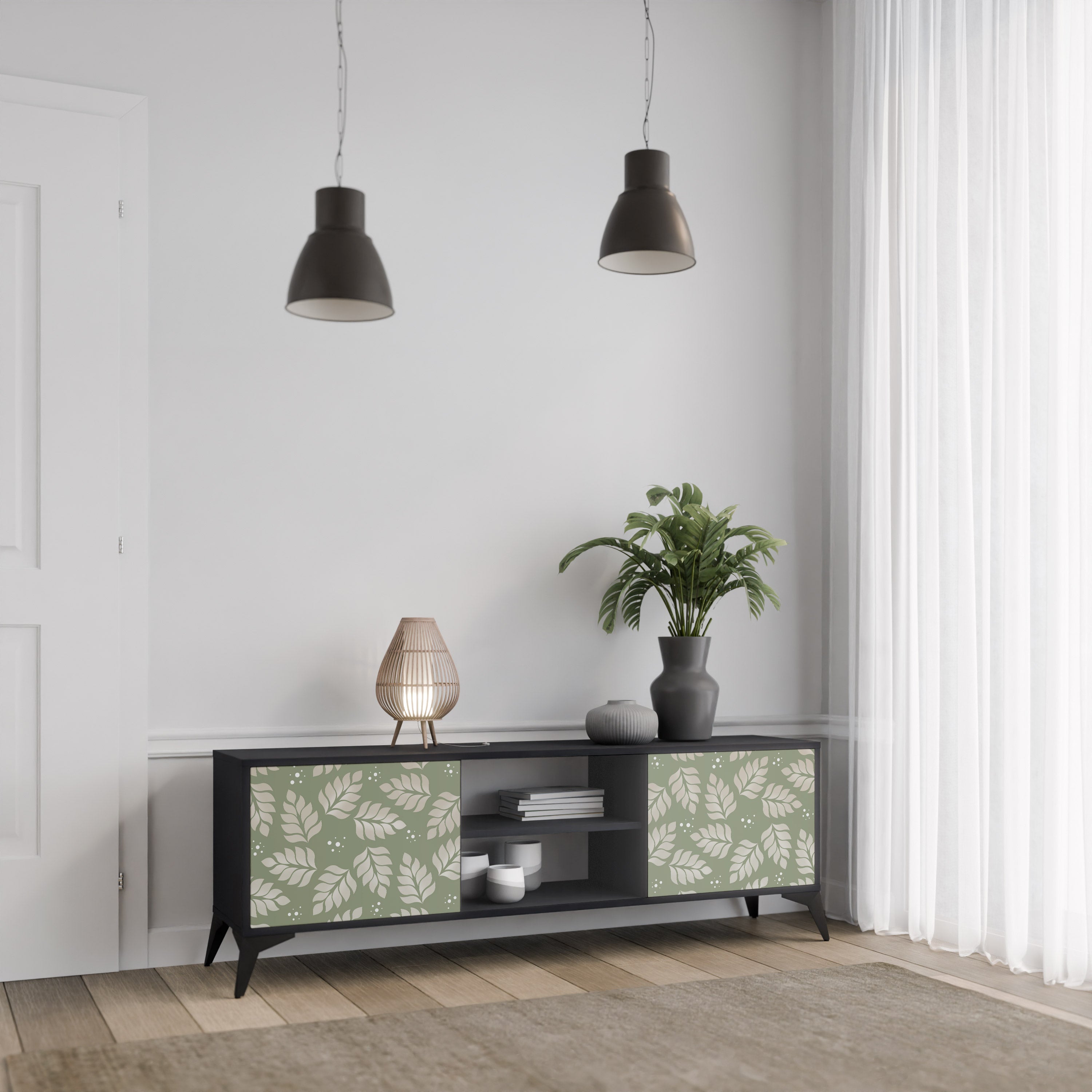 Mueble de TV de 2 puertas LEAVES ON GREEN con acabado negro