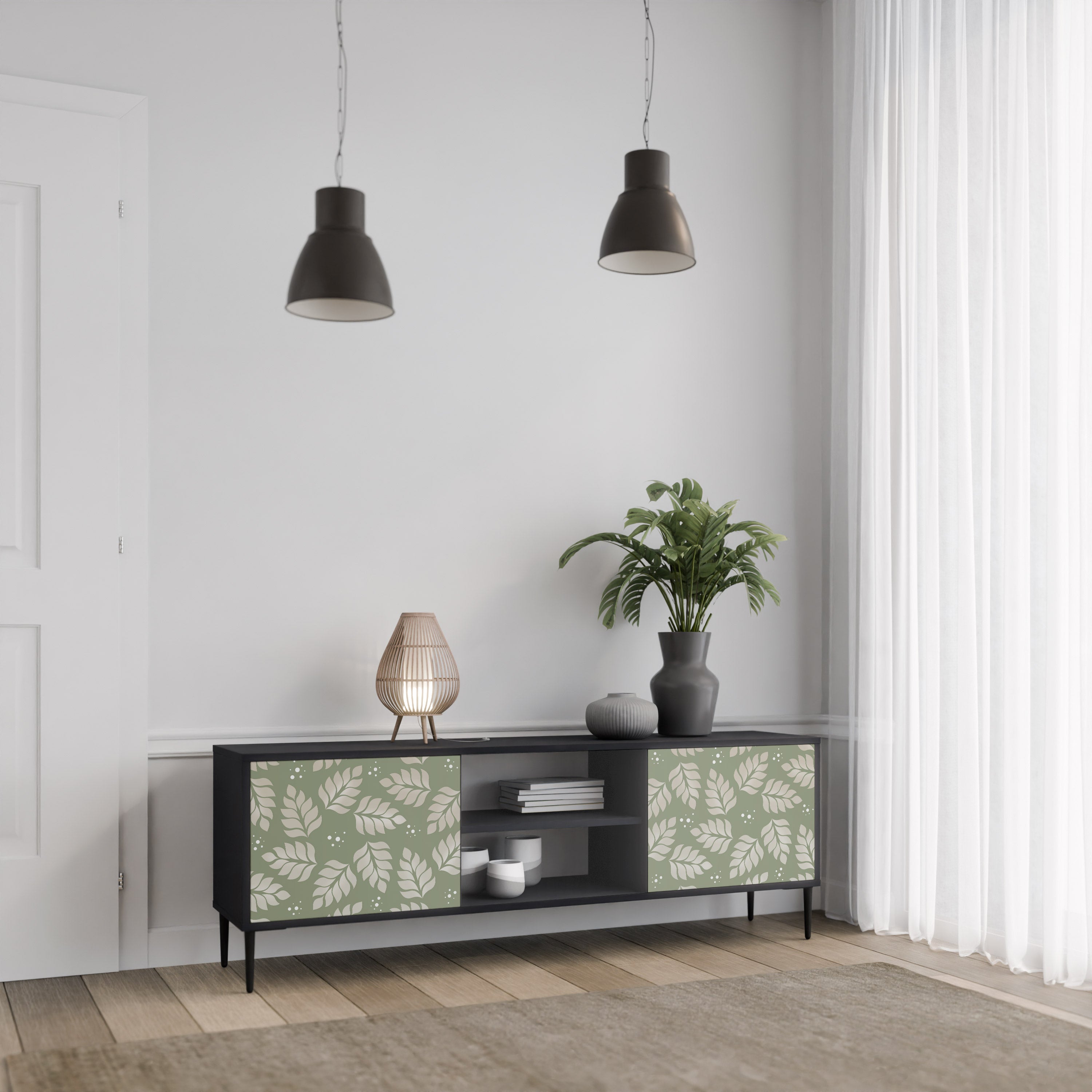 Mueble de TV de 2 puertas LEAVES ON GREEN con acabado negro
