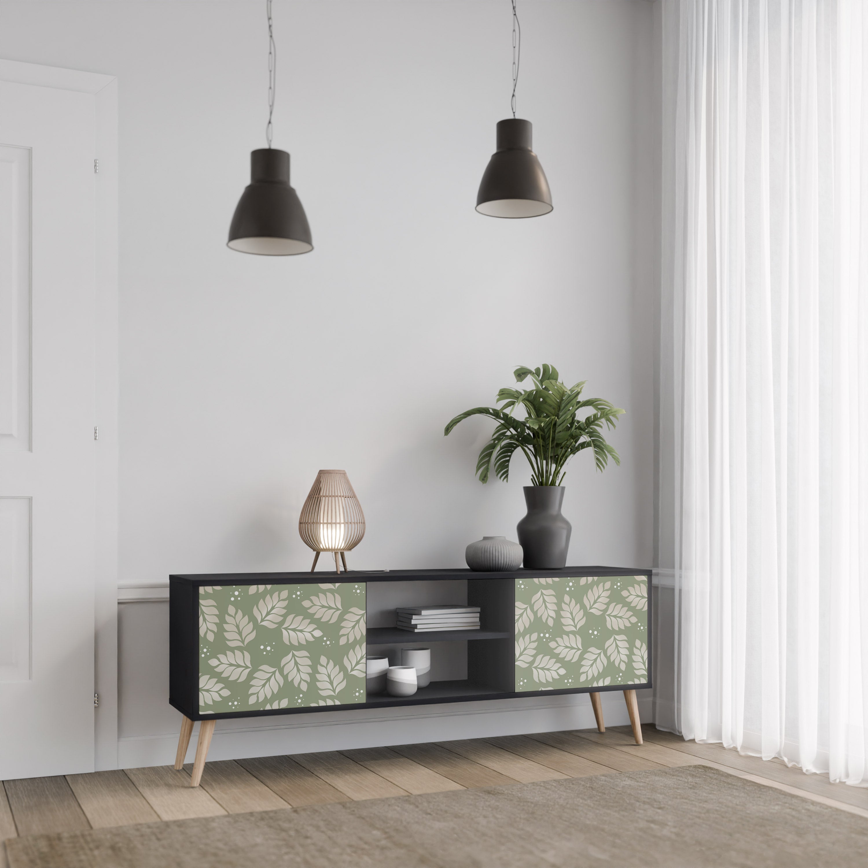 Mueble de TV de 2 puertas LEAVES ON GREEN con acabado negro